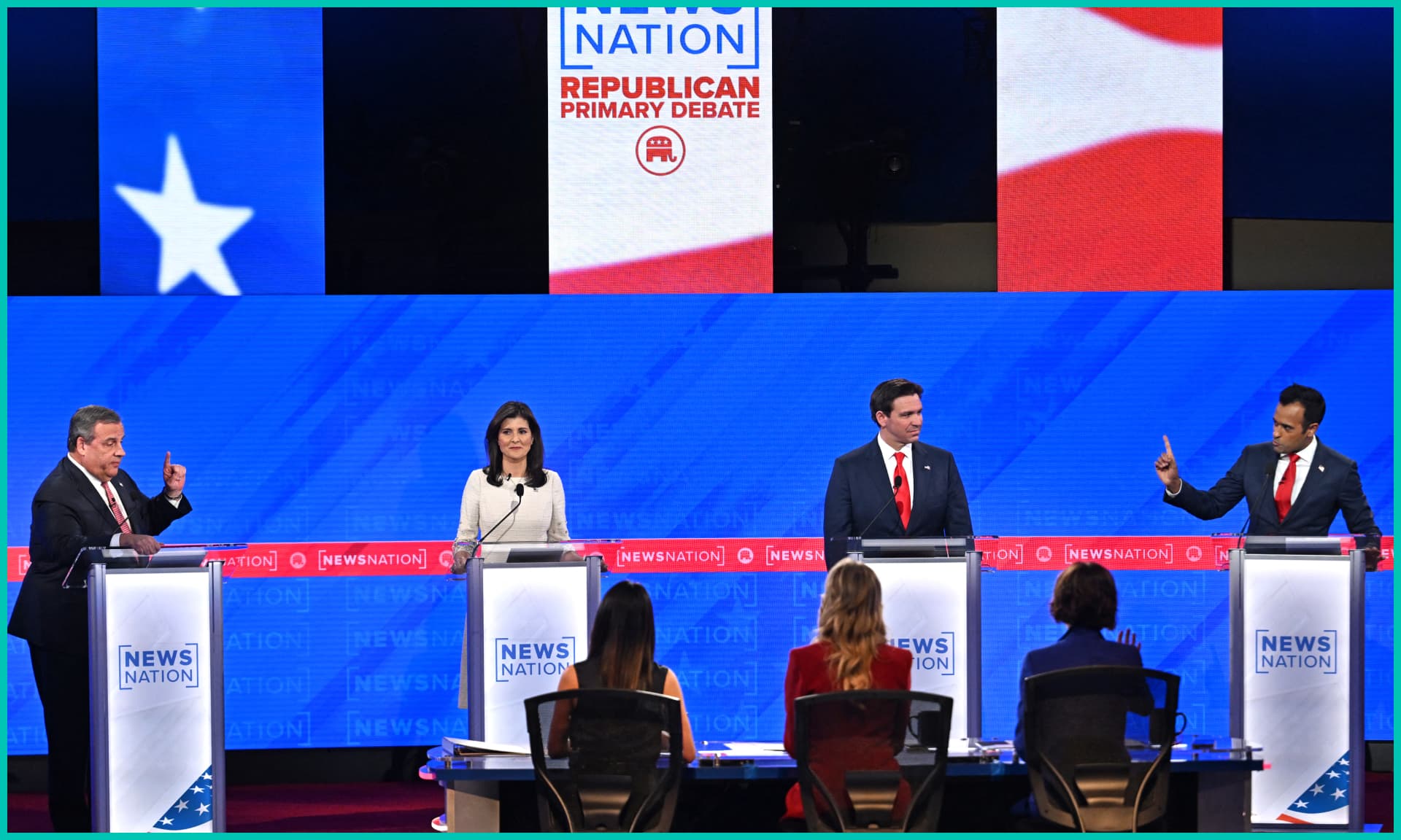 Former NJ Gov. Chris Christie, former SC Gov. Nikki Haley, Florida Gov. Ron DeSantis, and entrepreneur Vivek Ramaswamy at the final GOP primary debate.