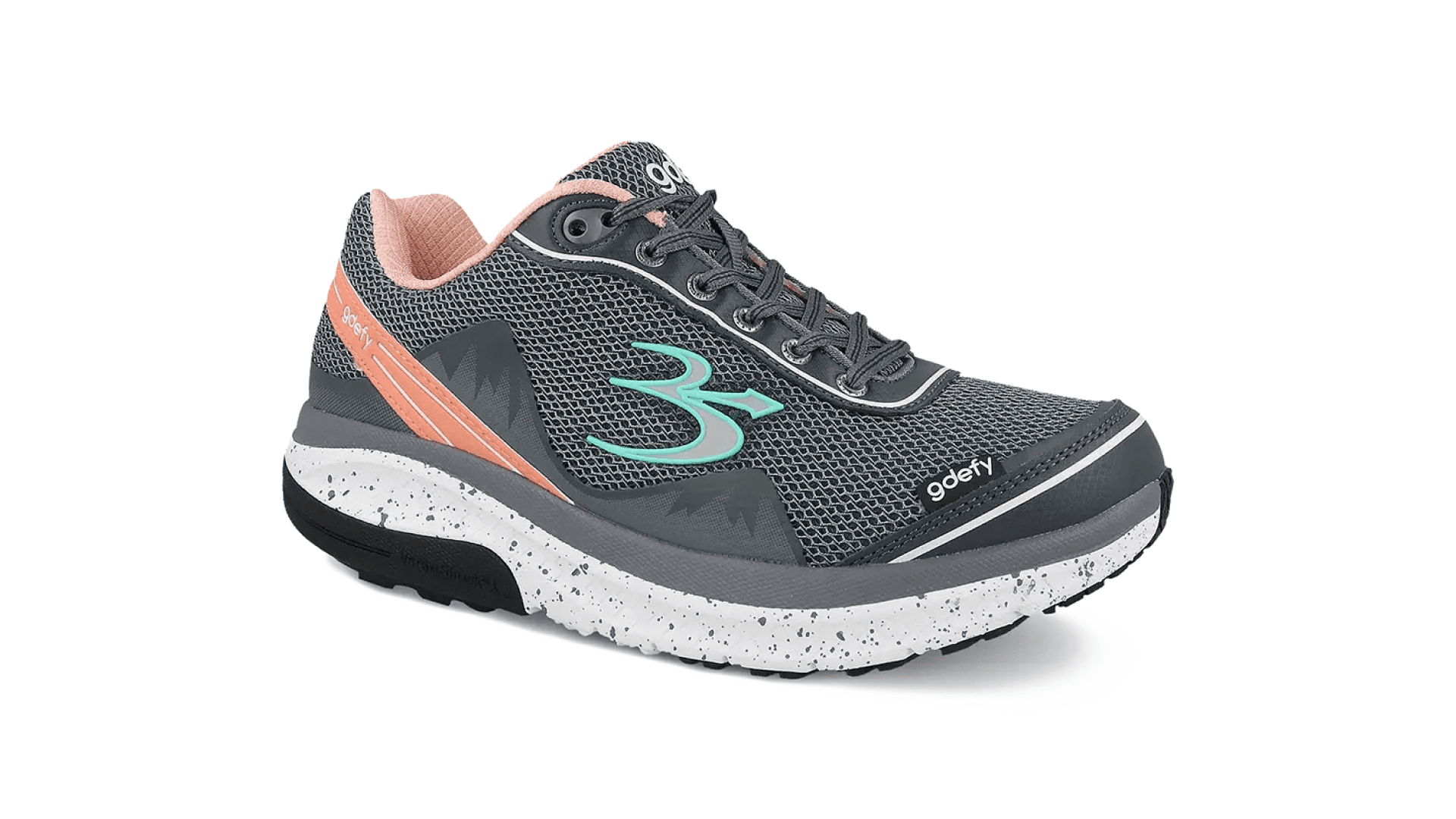 Gray woven sneakers with teal and salmon accents and a speckled sole