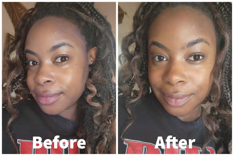 Two selfies of a black woman trying on a face powder