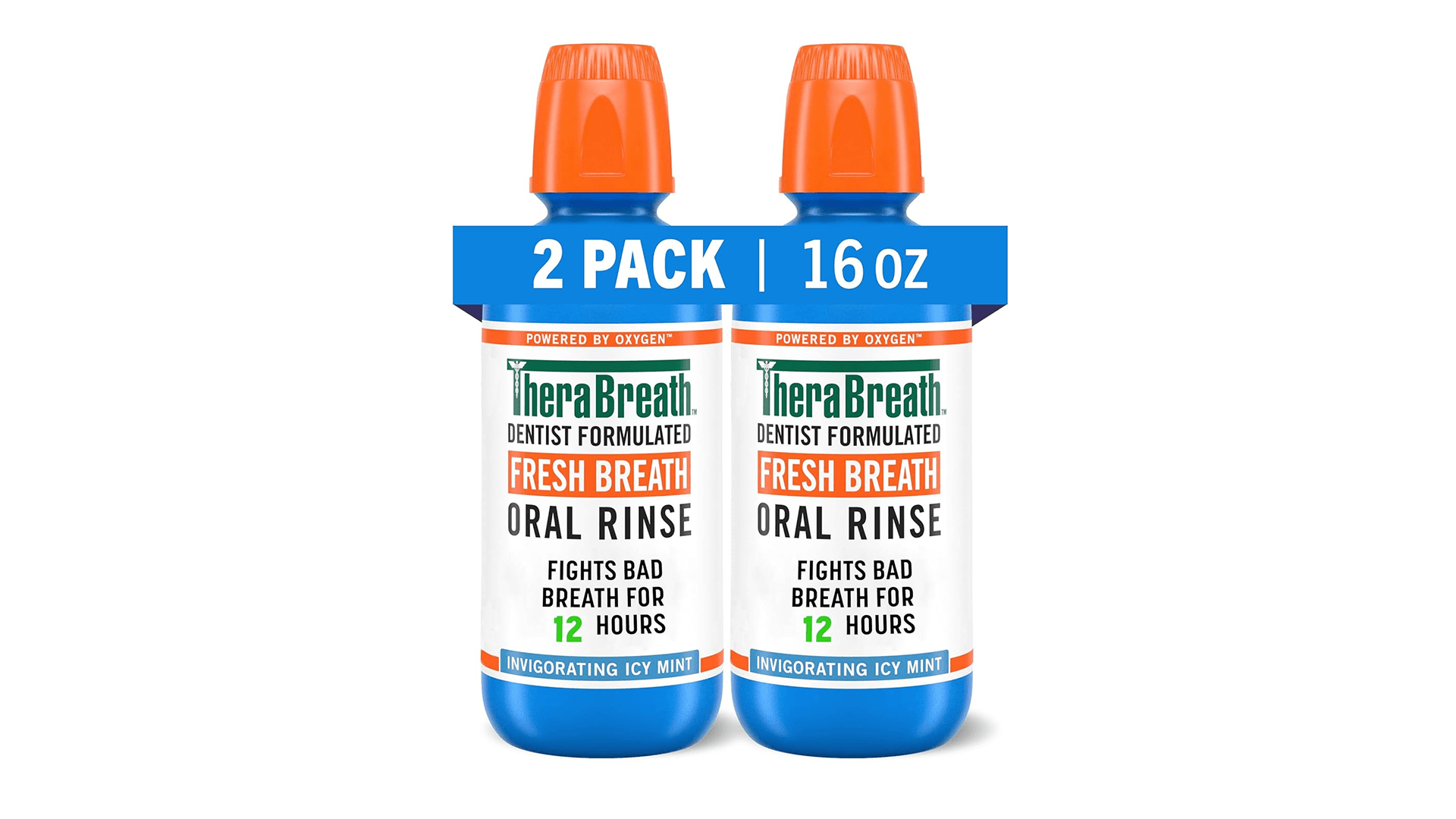 Two bottles of mouthwash with orange caps and light blue bottles