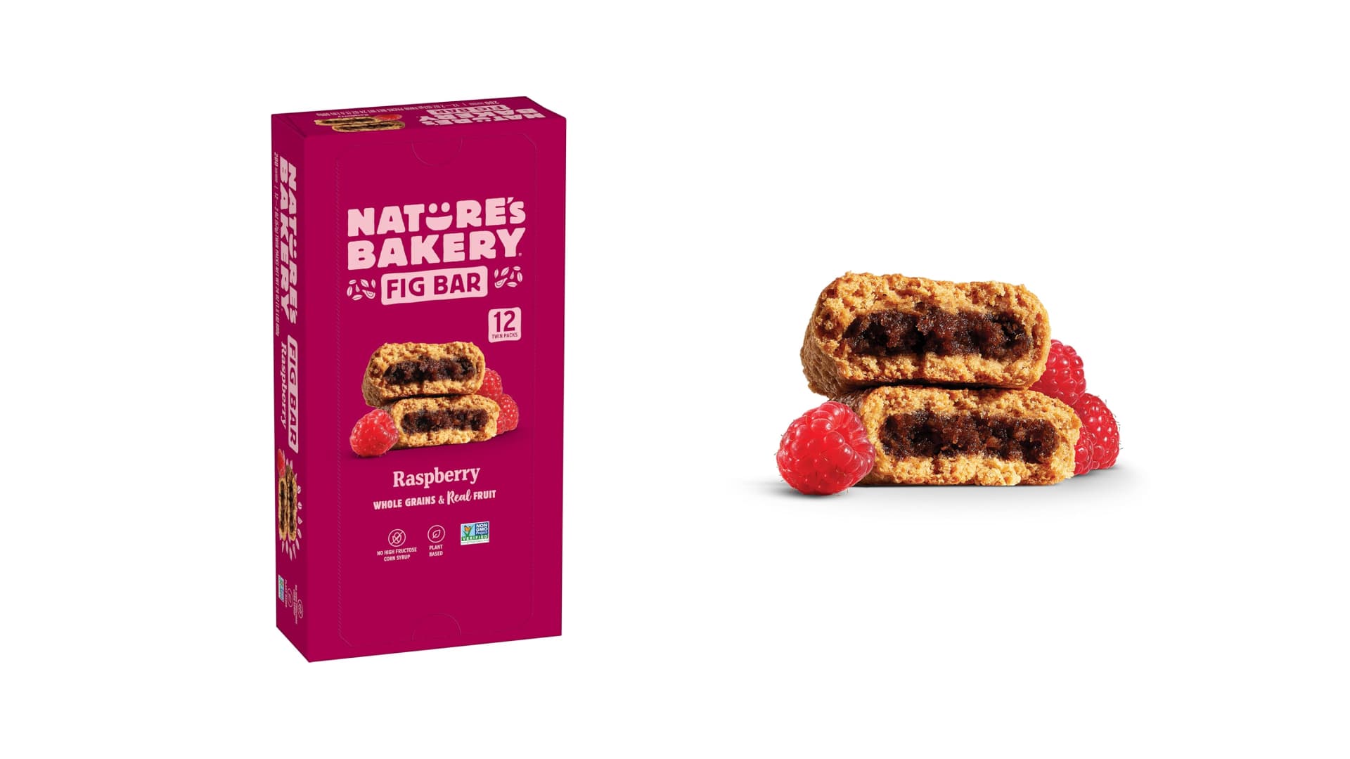 Nature’s Bakery Whole Wheat Fig Bars, Raspberry, Real Fruit, Vegan, Non-GMO, Snack bar, 1 box with 12 twin packs (12 twin packs)