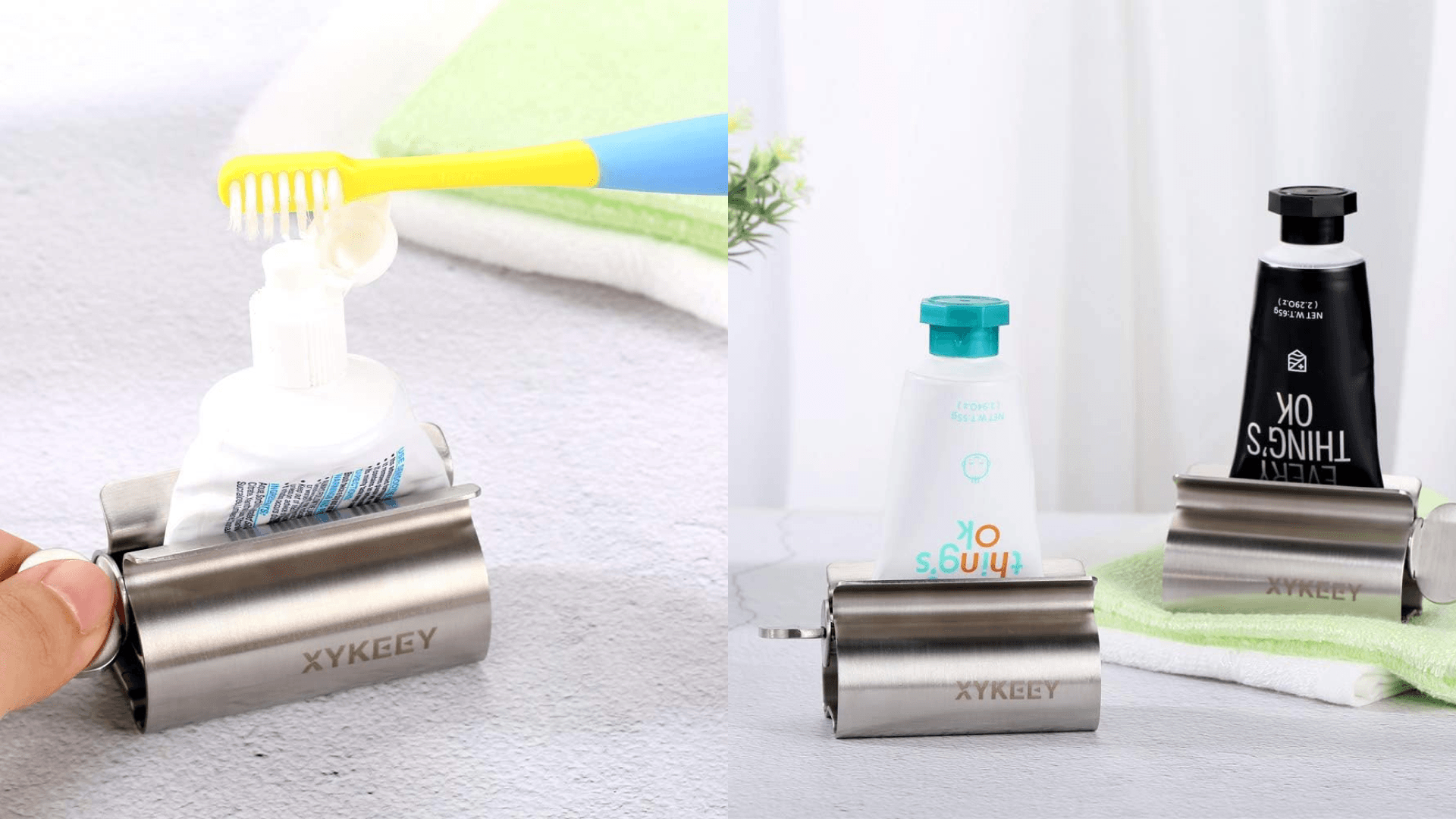 XYKEEY Set of 2 Toothpaste Squeezer Rollers, Metal Toothpaste Tube Wringer Seat Holder Stand (Stainless Steel)
