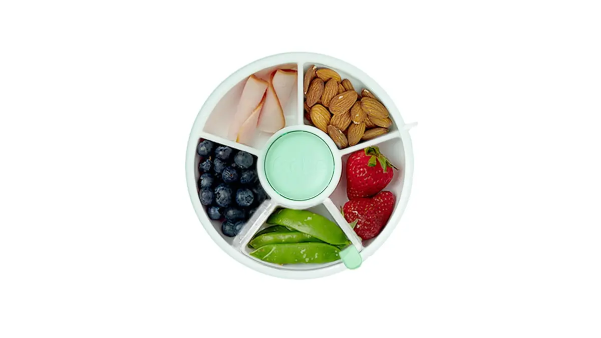 GoBe Kids Small Snack Spinner Flip Bundle with Hand Strap and Sticker Sheet - Reusable Snack Container with 5 Compartment Dispenser and Lid | BPA/PVC Free | Dishwasher Safe | No Spill- Mint Green