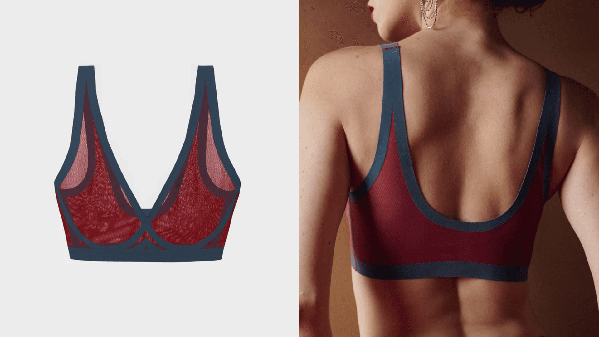 mesh no wire bra in red cabernet color