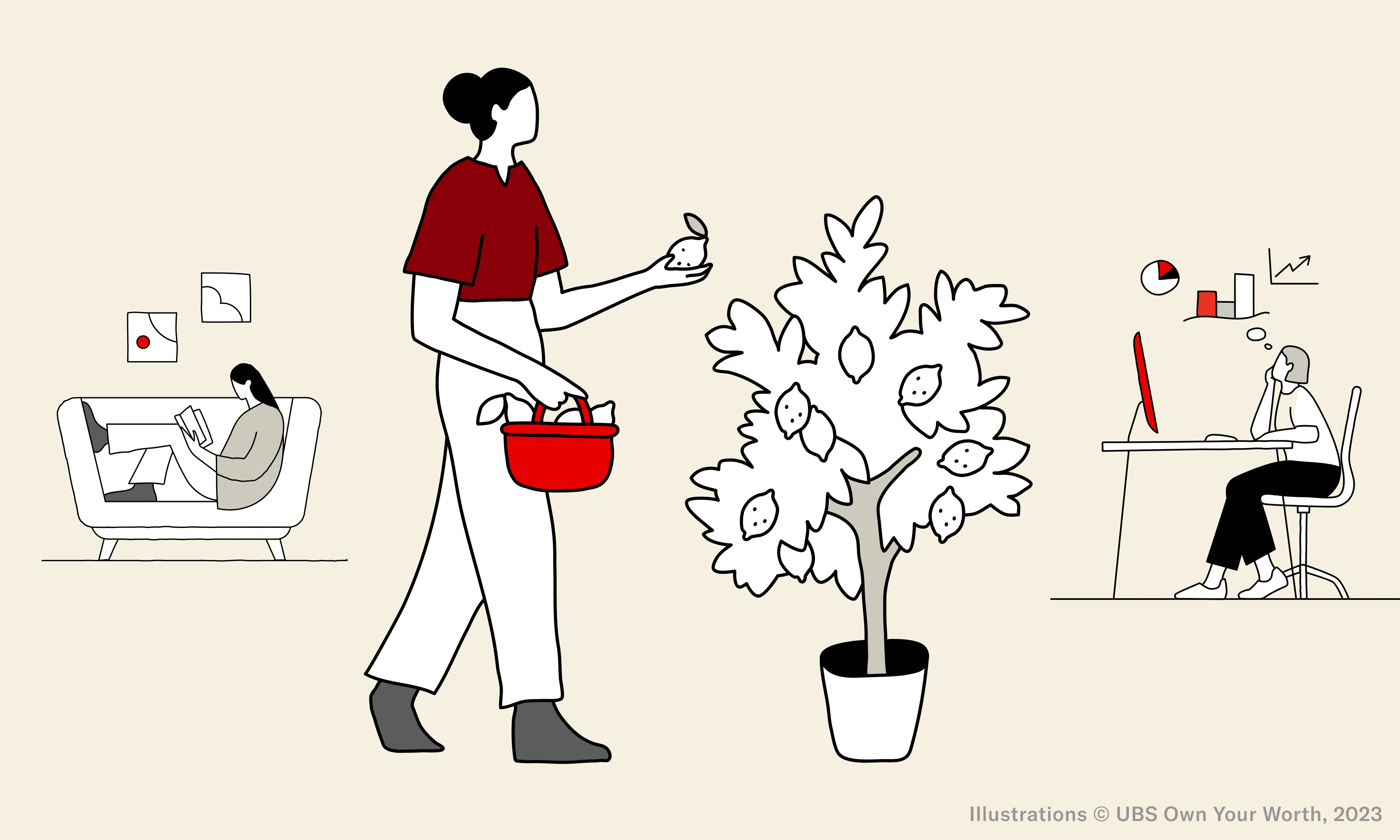 people on couch, gardening, working