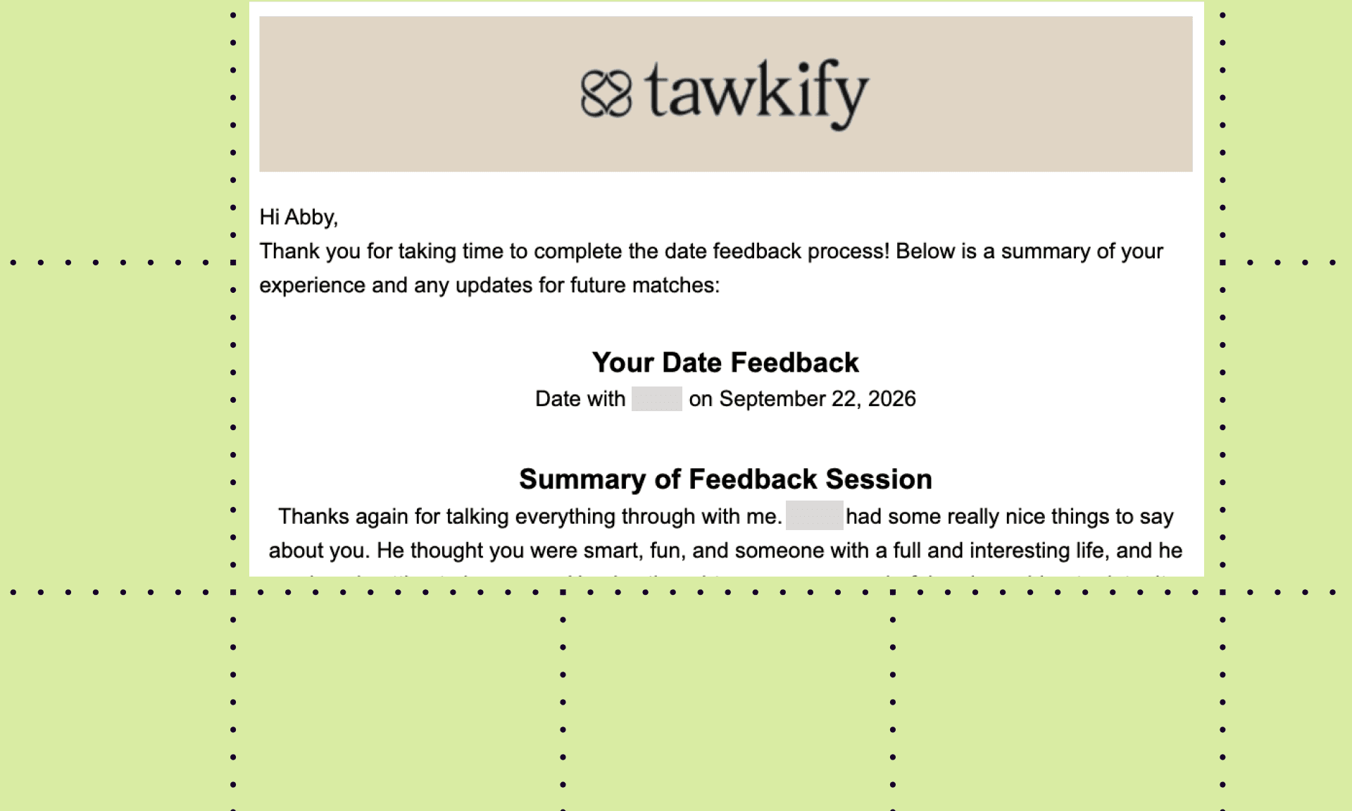 Abby's Post-Date Summary on Tawkify