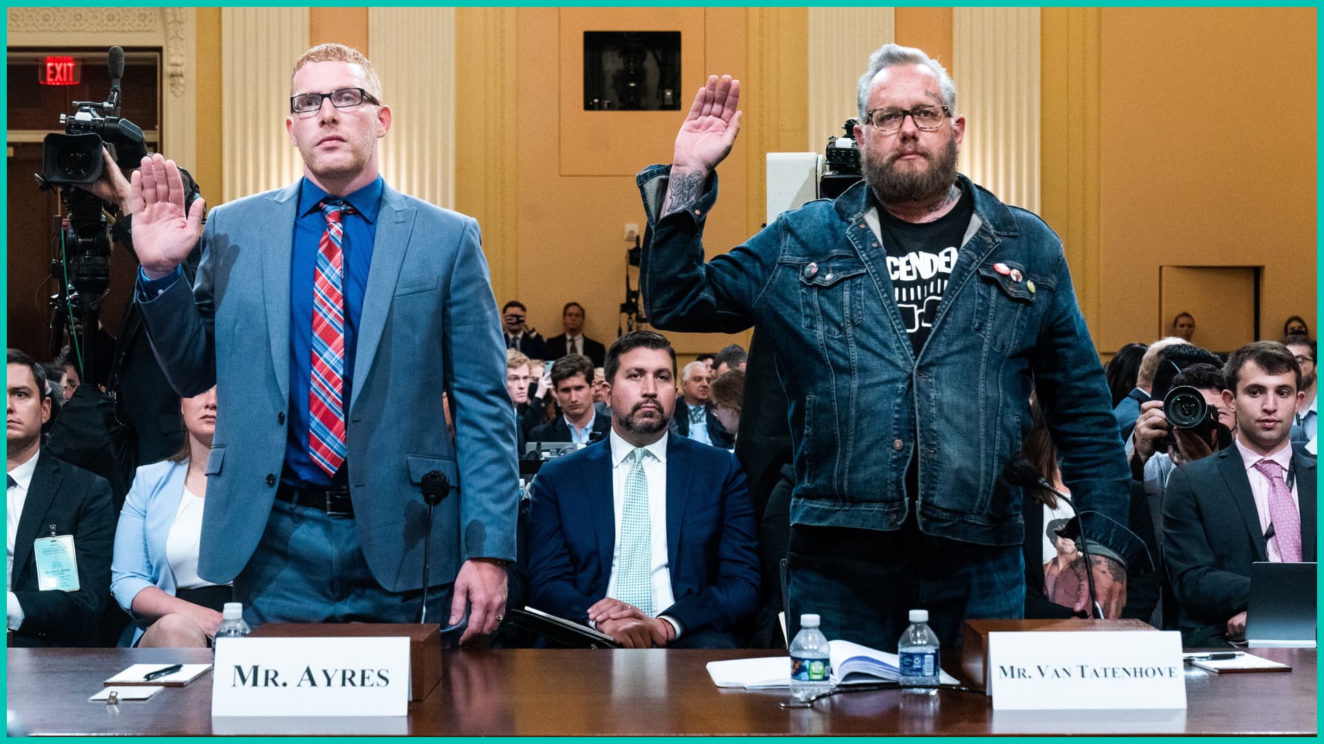 Stephen Ayres and Jason Van Tatenhove, former Oath Keepers spokesman, at the July 12 hearing.