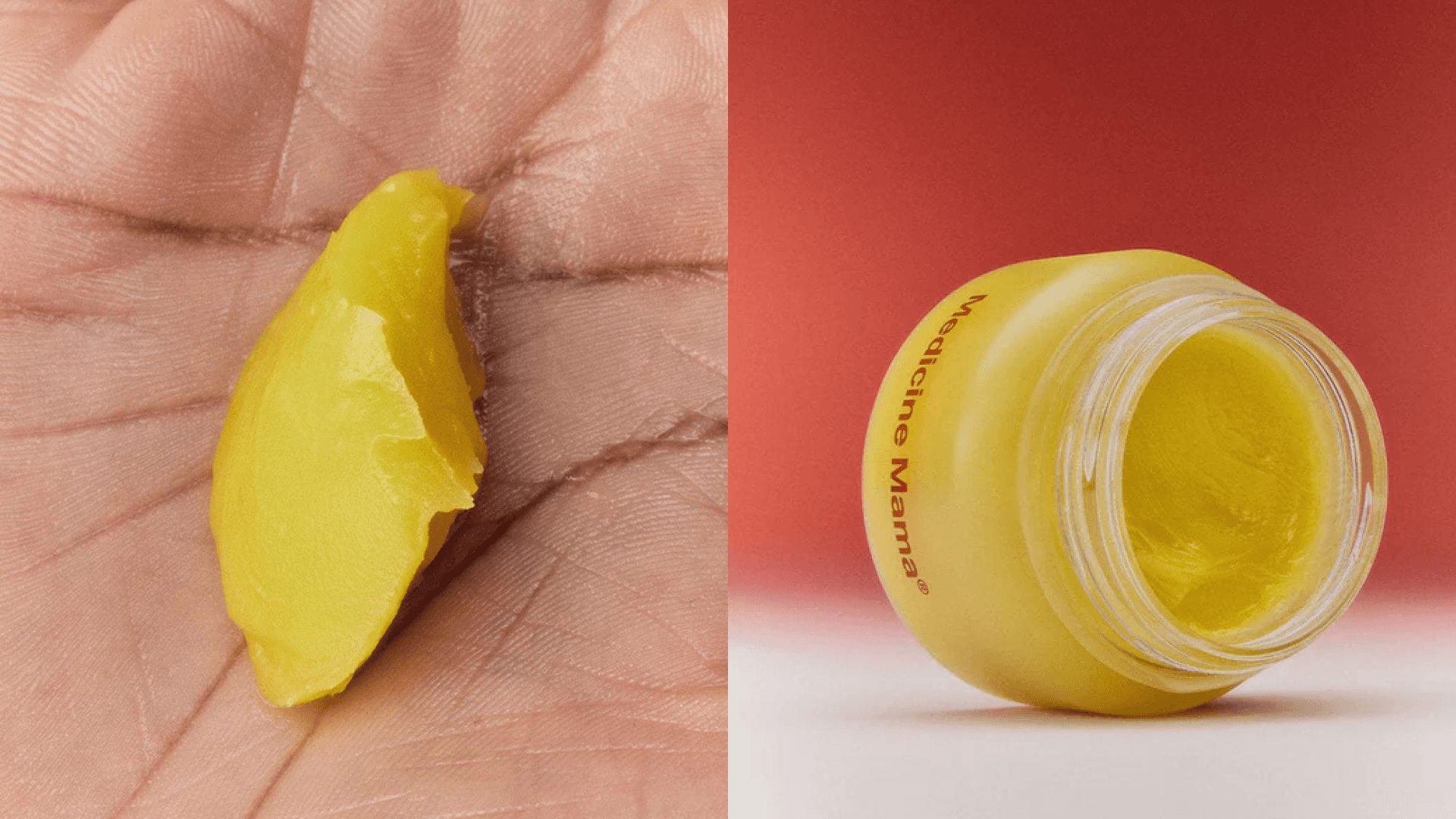 Hand holding yellow salve, jar of yellow salve on red background