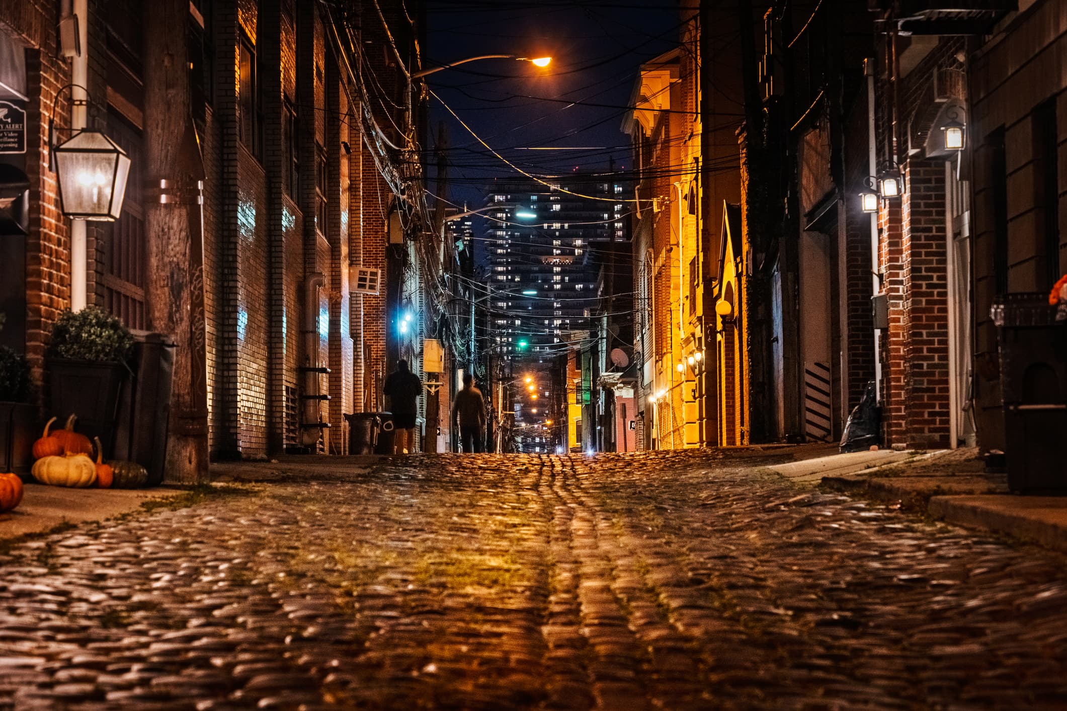 Illuminated cobblestone street