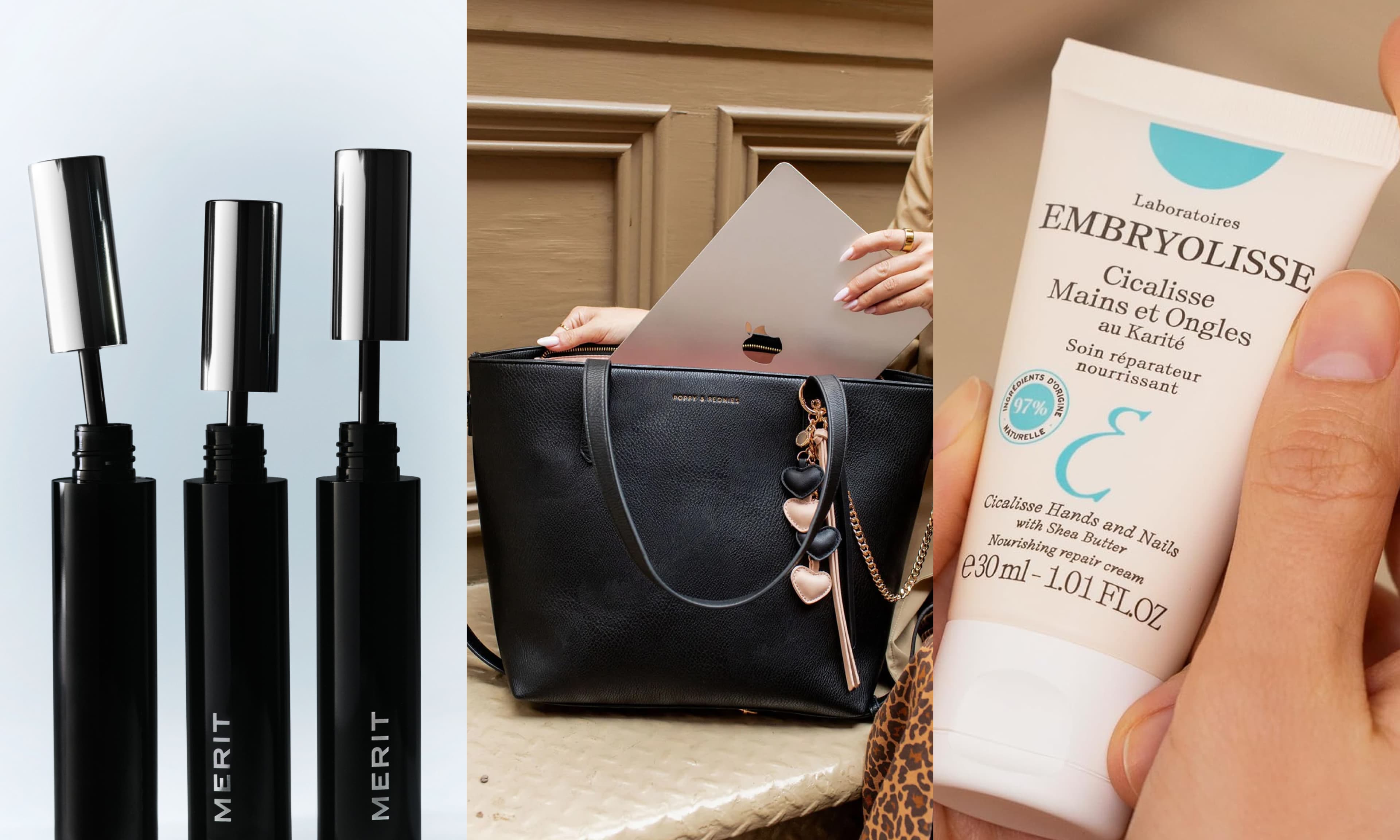 mascara, tote bag, hand cream