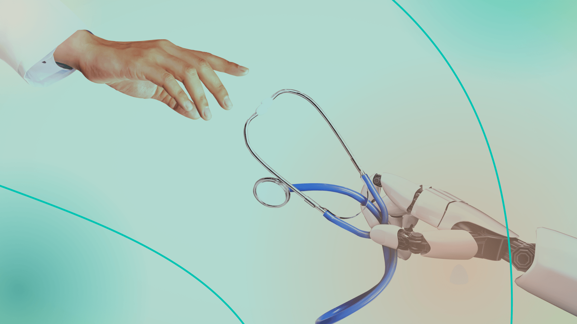 human hand reaching toward robot hand holding stethoscope