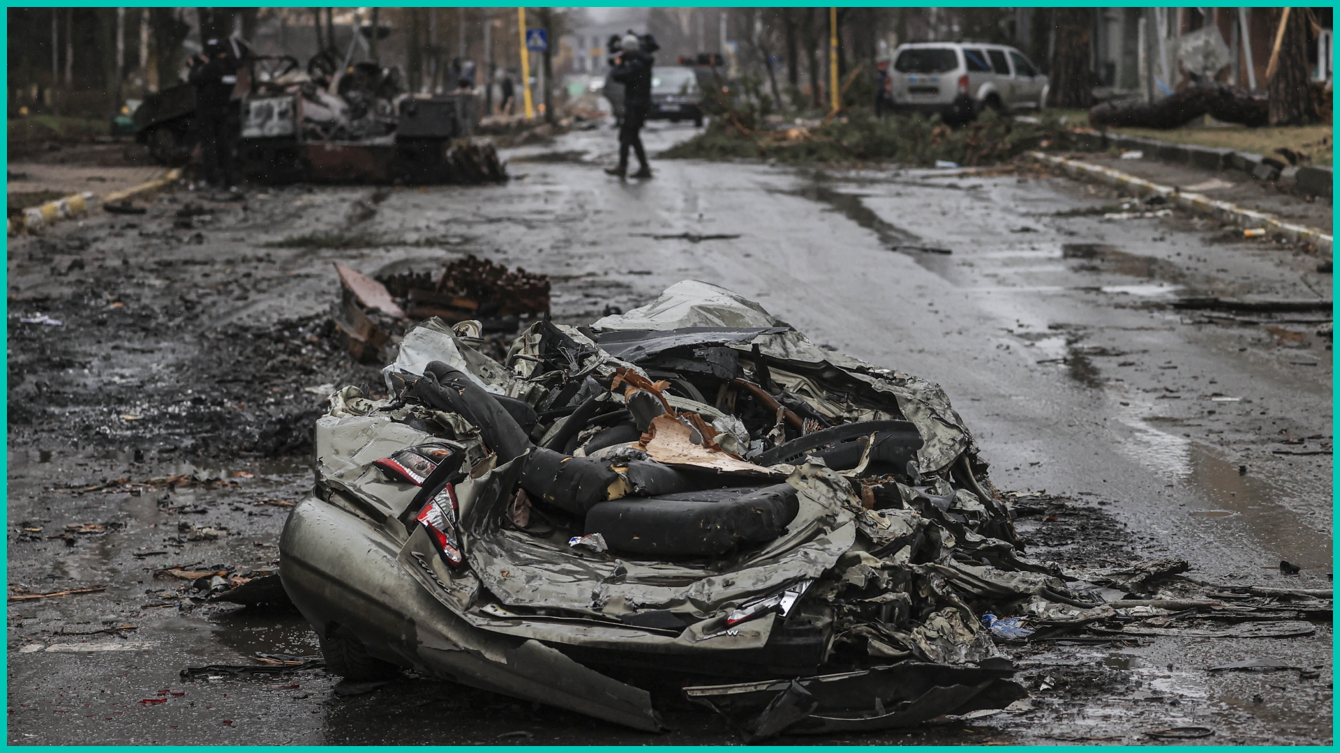 A photo shows damages from conflict areas in the Hostomel region, as Russian attacks on Ukraine continue, on April 03, 2022 in Bucha, Ukraine.