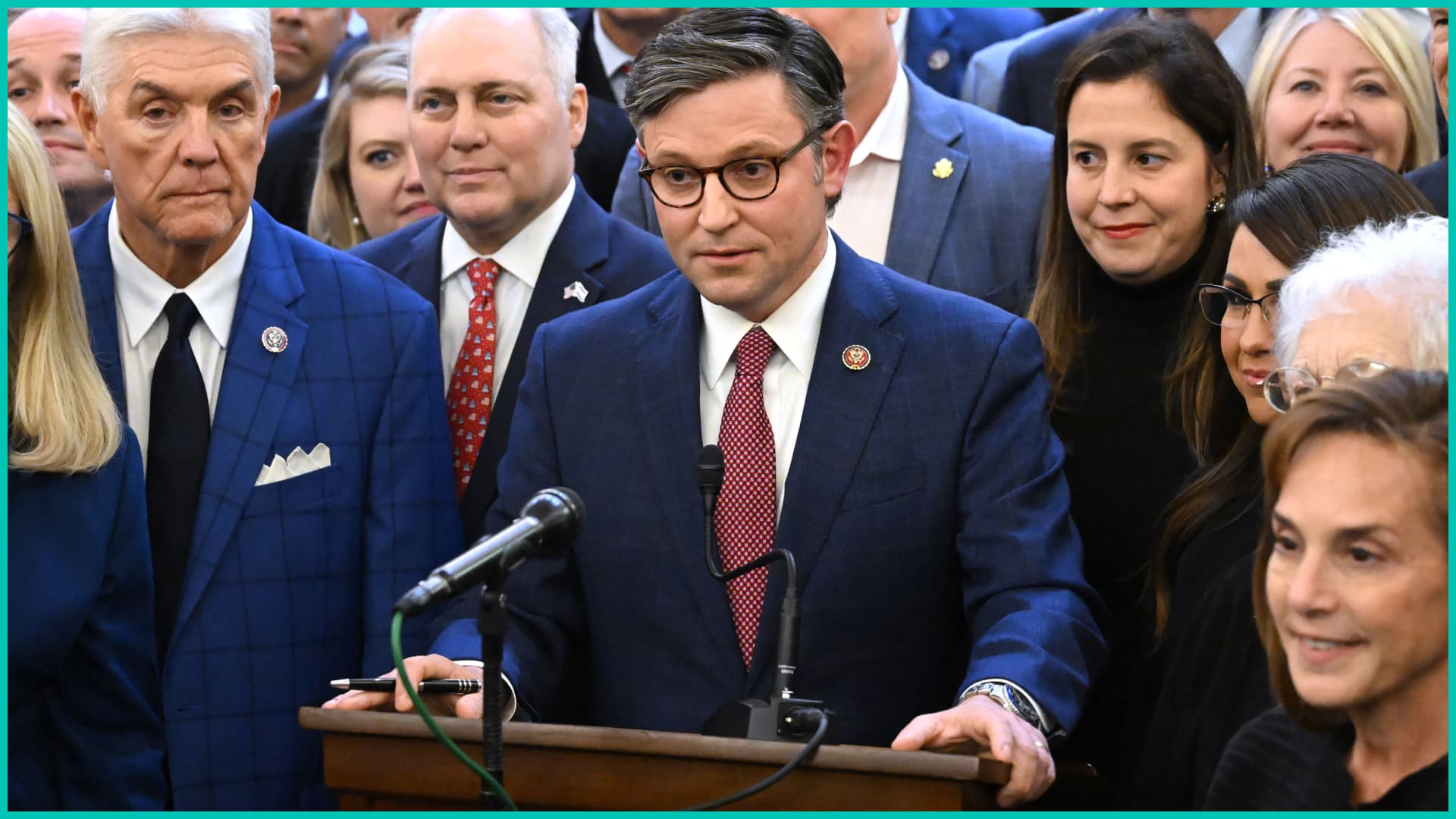 Mike Johnson (C) (R-LA) speaks after being nominated Republican speaker of the US House of Representatives at Capitol Hill.