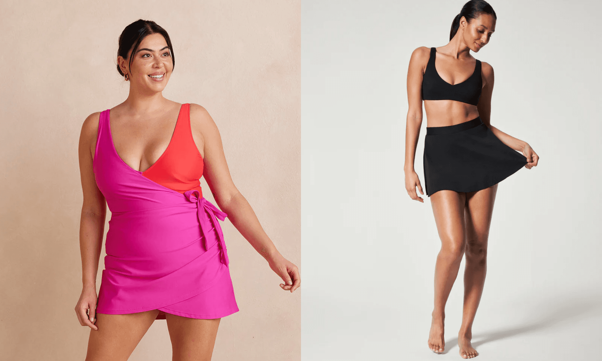 Woman in pink and red swimsuit with pink swim skirt; woman in black bikini top with black swim skirt