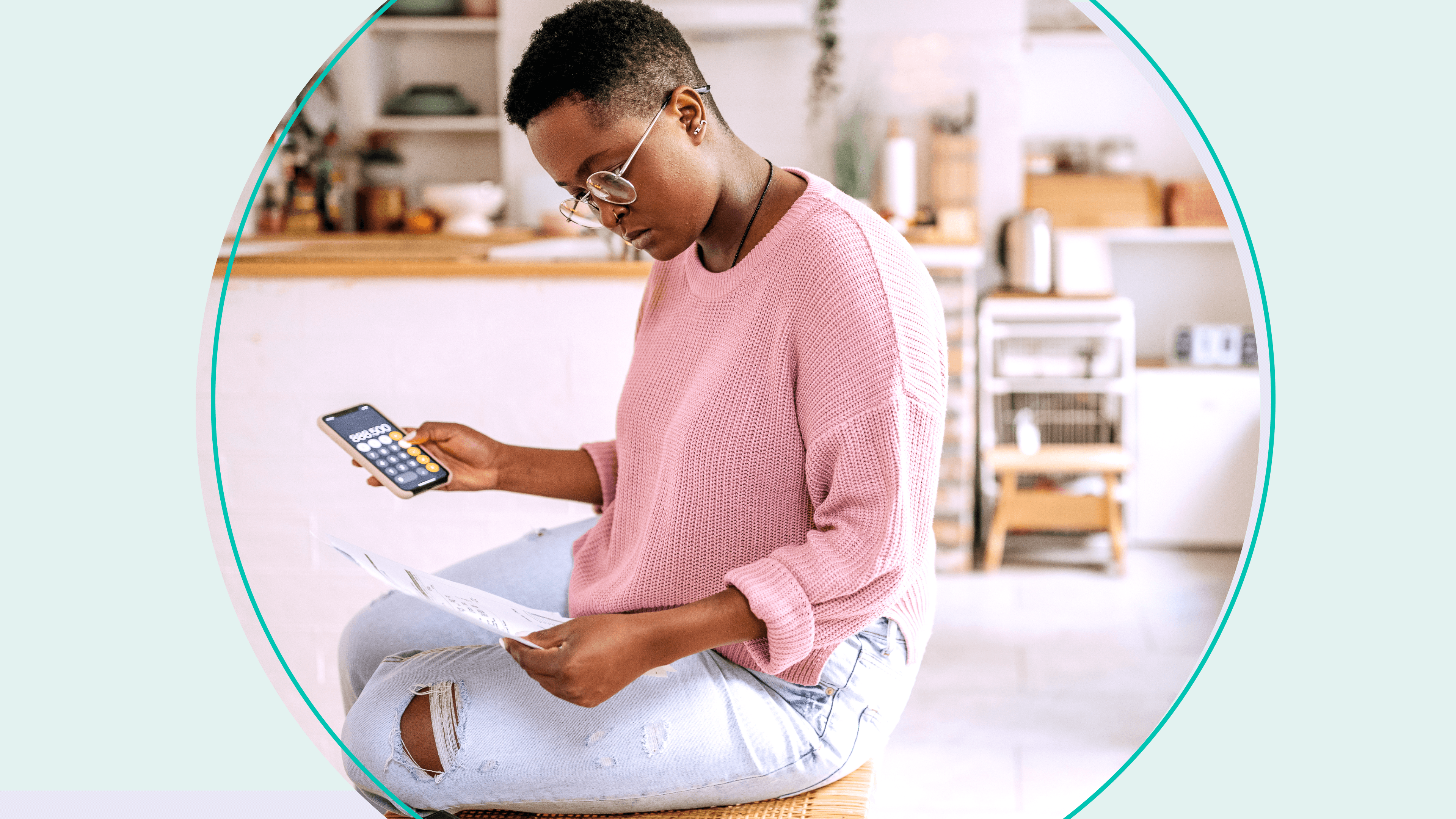 Woman uses phone calculator and scans paperwork while looking concerned.