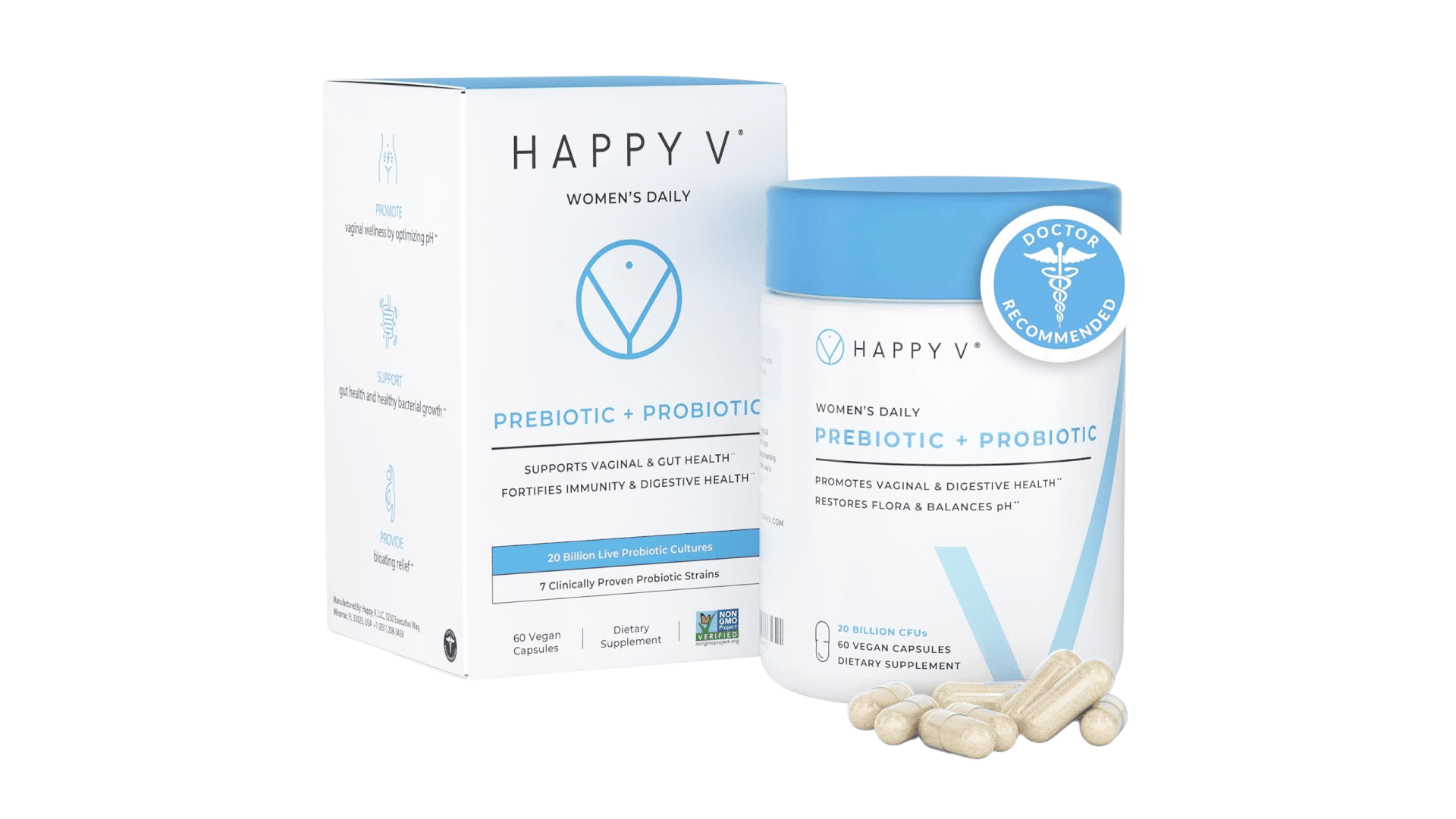 White and blue bottle and box with beige capsules