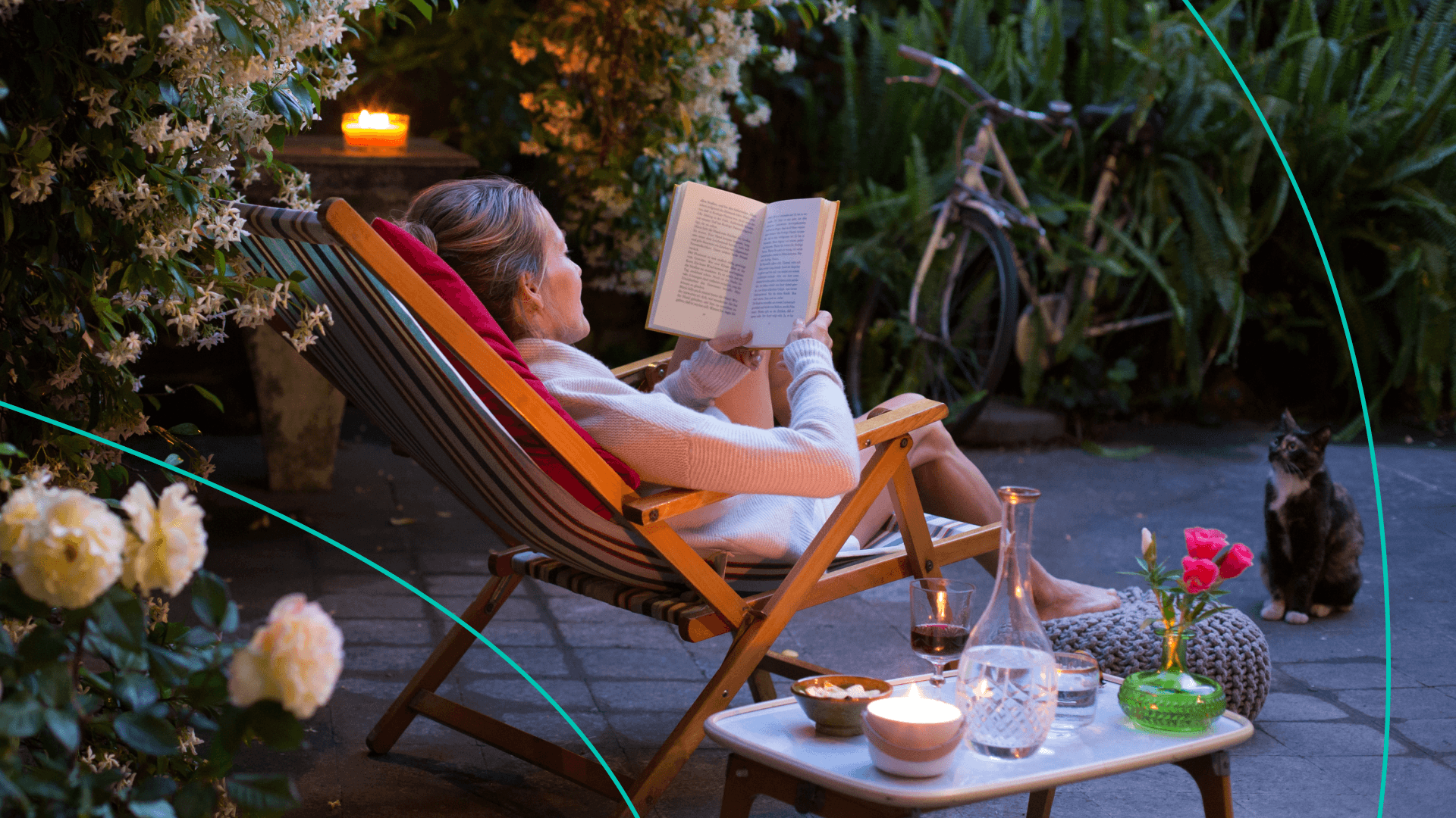 Woman reading a book in her backyard