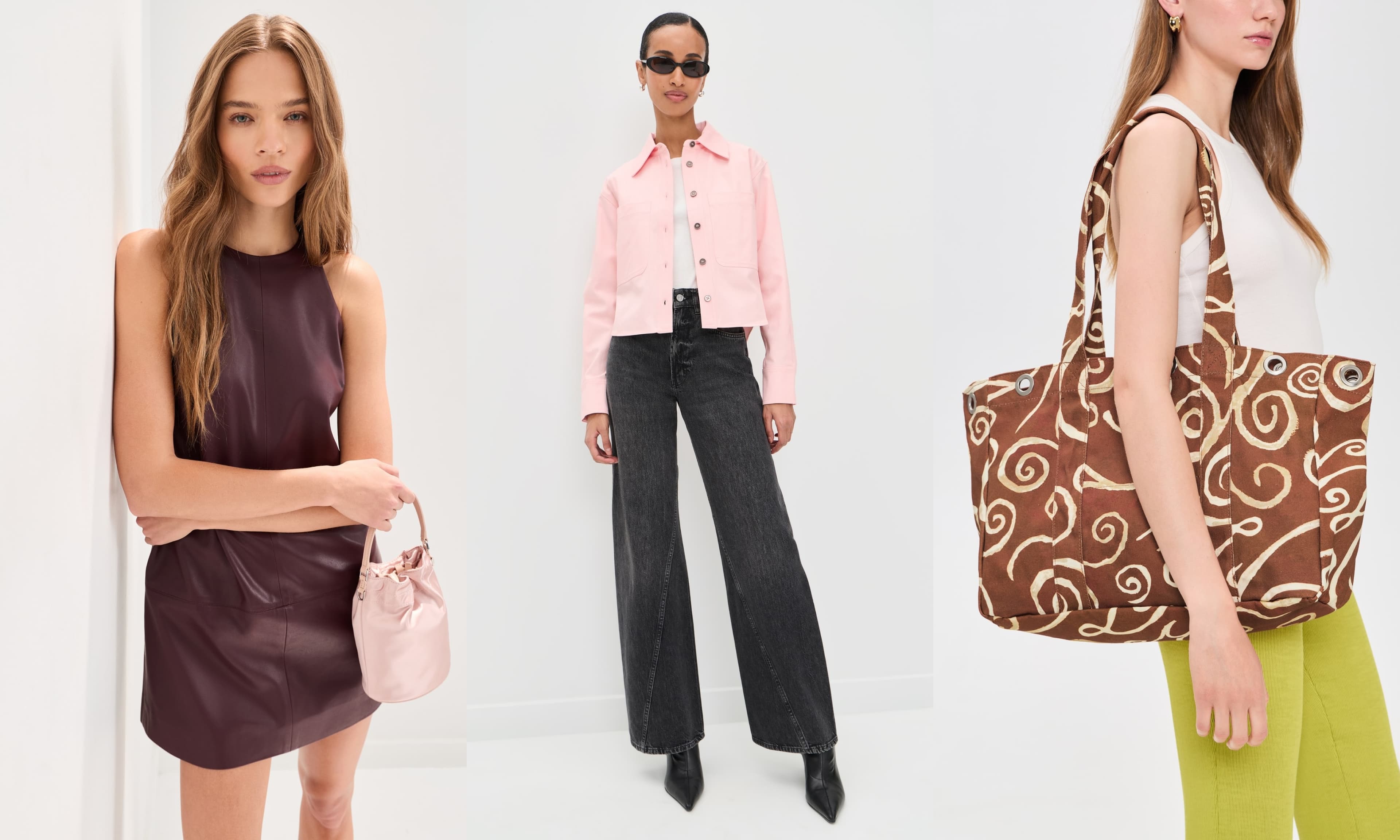 leather dress, shacket, tote bag