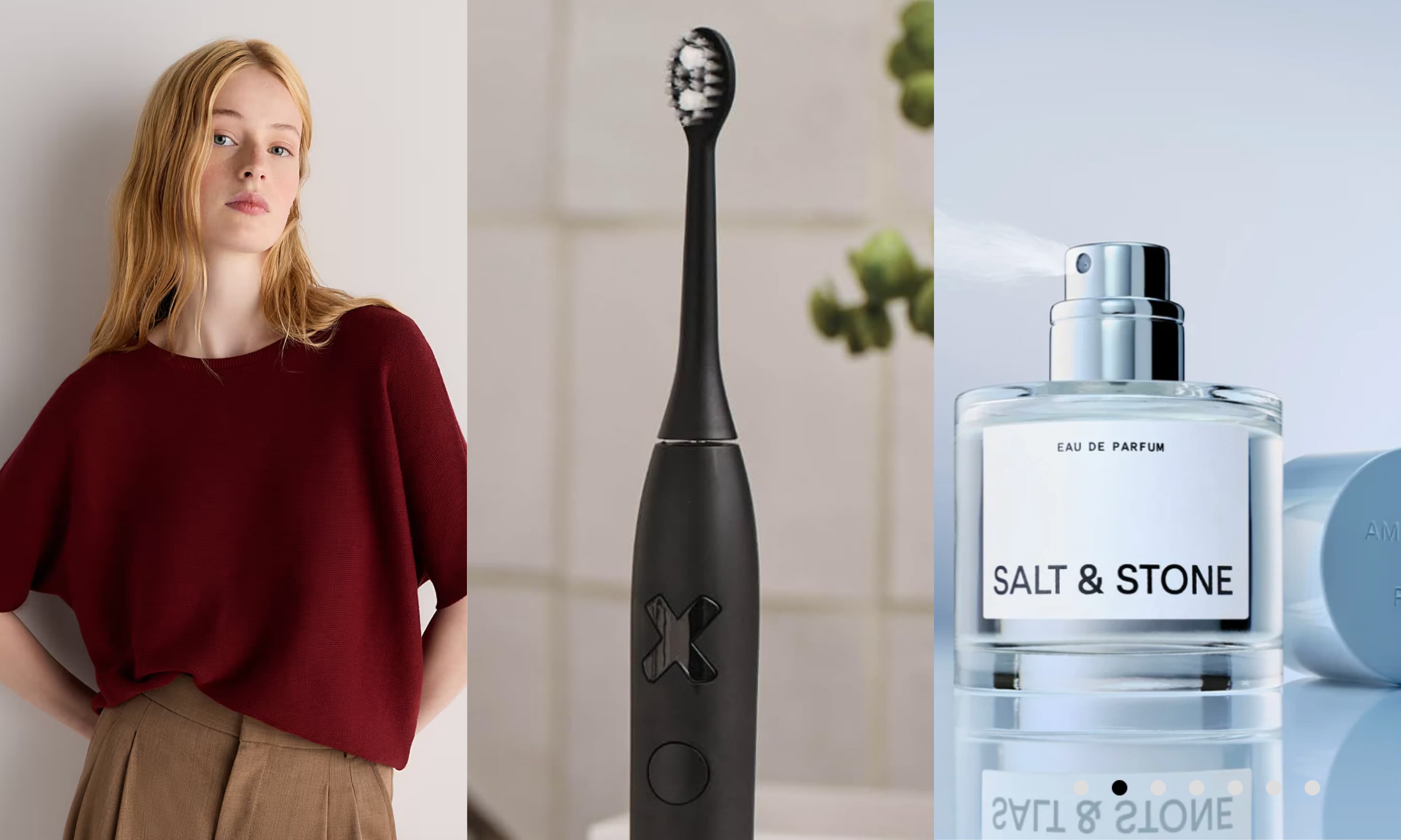 sweater, electric toothbrush, perfume
