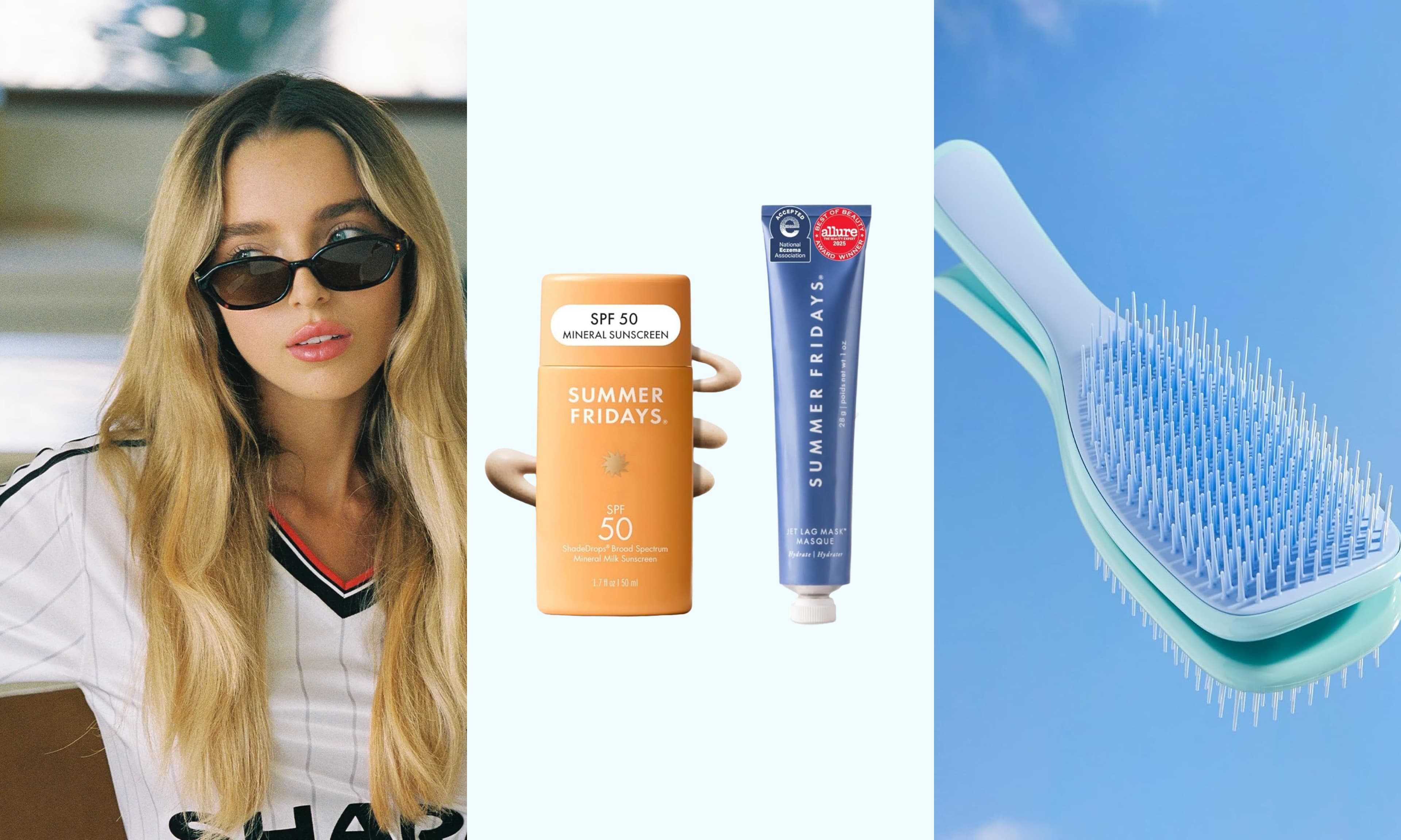 sunglasses, skincare, hairbrush