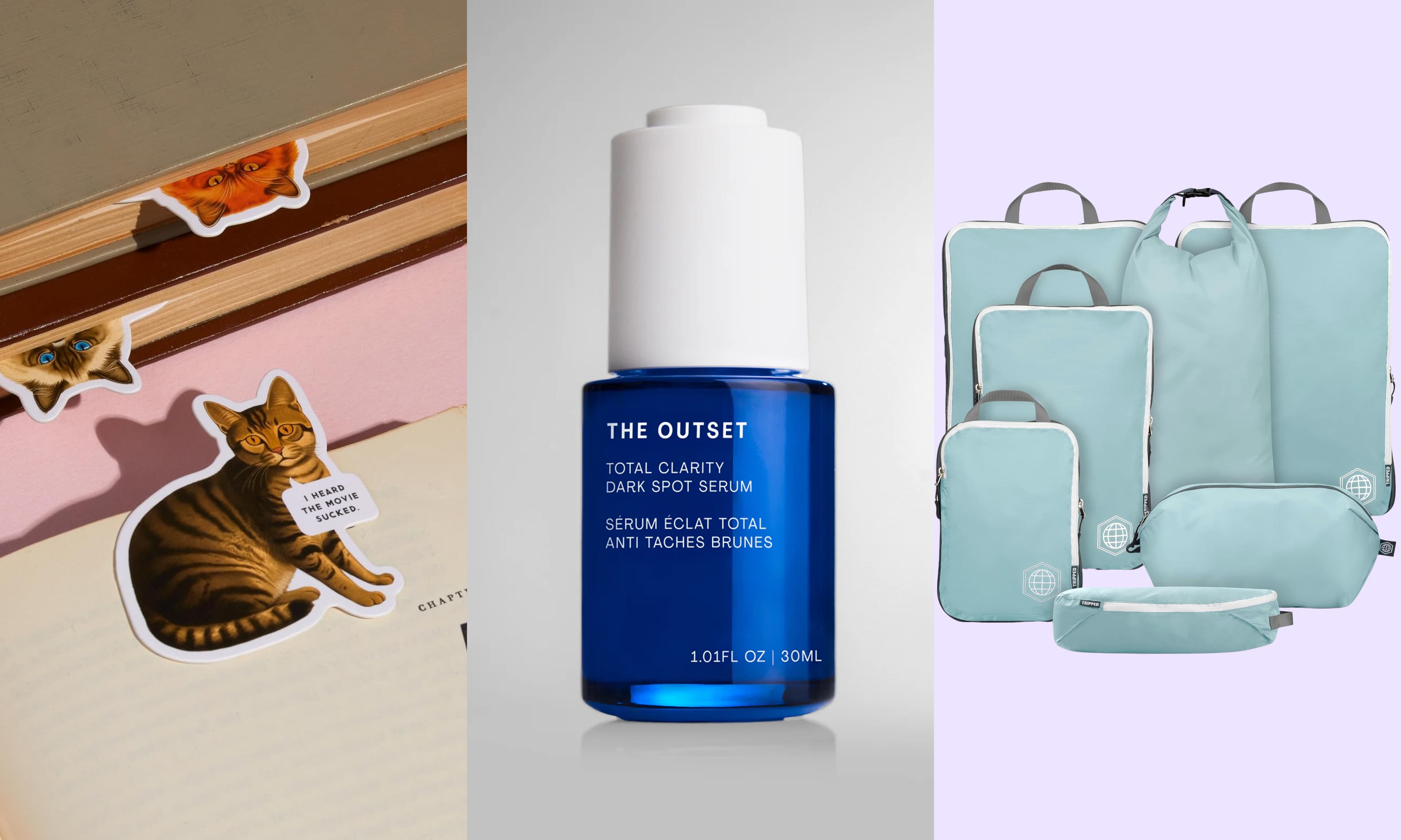 bookmarks, serum, packing cubes