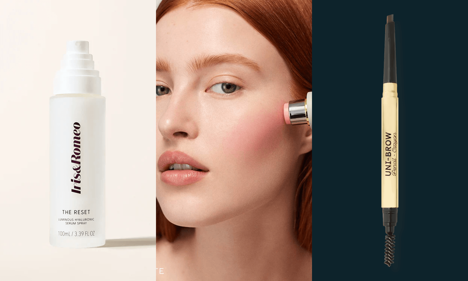 Opaque serum bottle; woman applying pink blush; eyebrow pencil on dark teal background