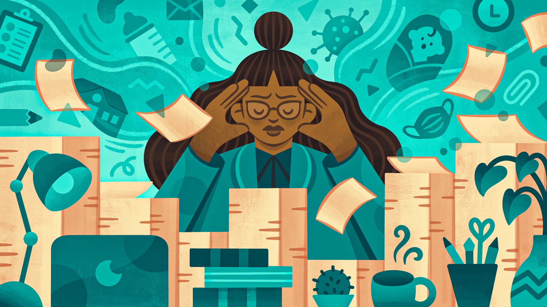 Stressed woman worker holds her head