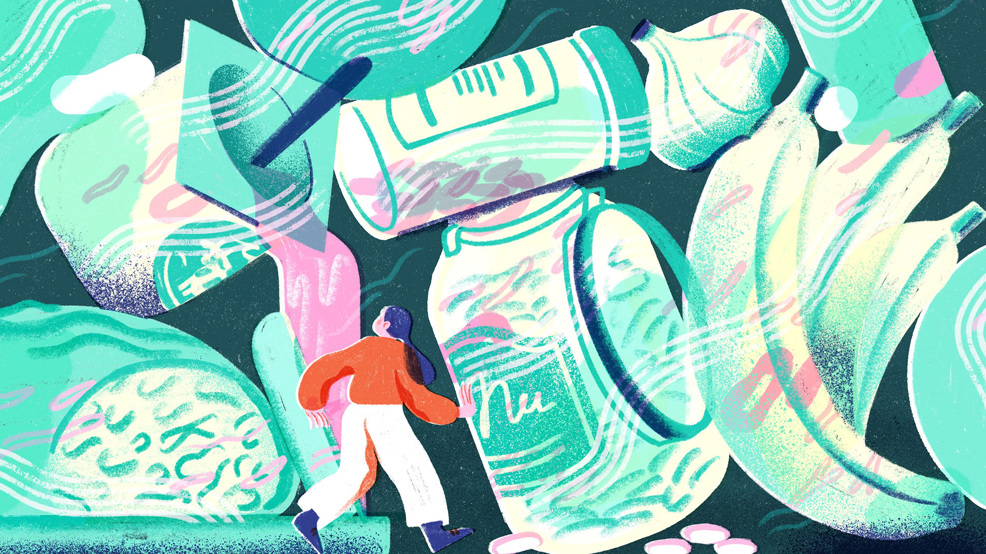 Illustration of woman wandering through mess of pill bottles and foods