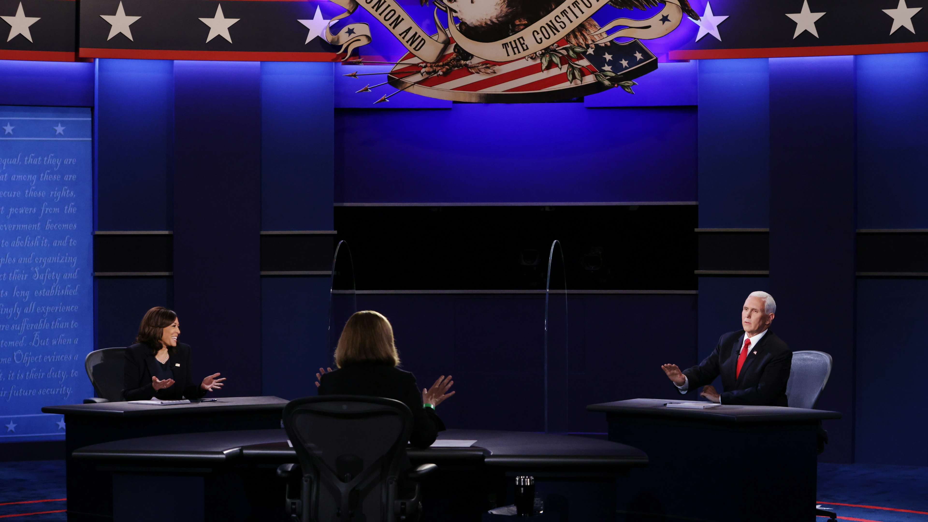 Democratic vice presidential nominee Sen. Kamala Harris (D-CA) and U.S. Vice President Mike Pence participate in the vice presidential debate