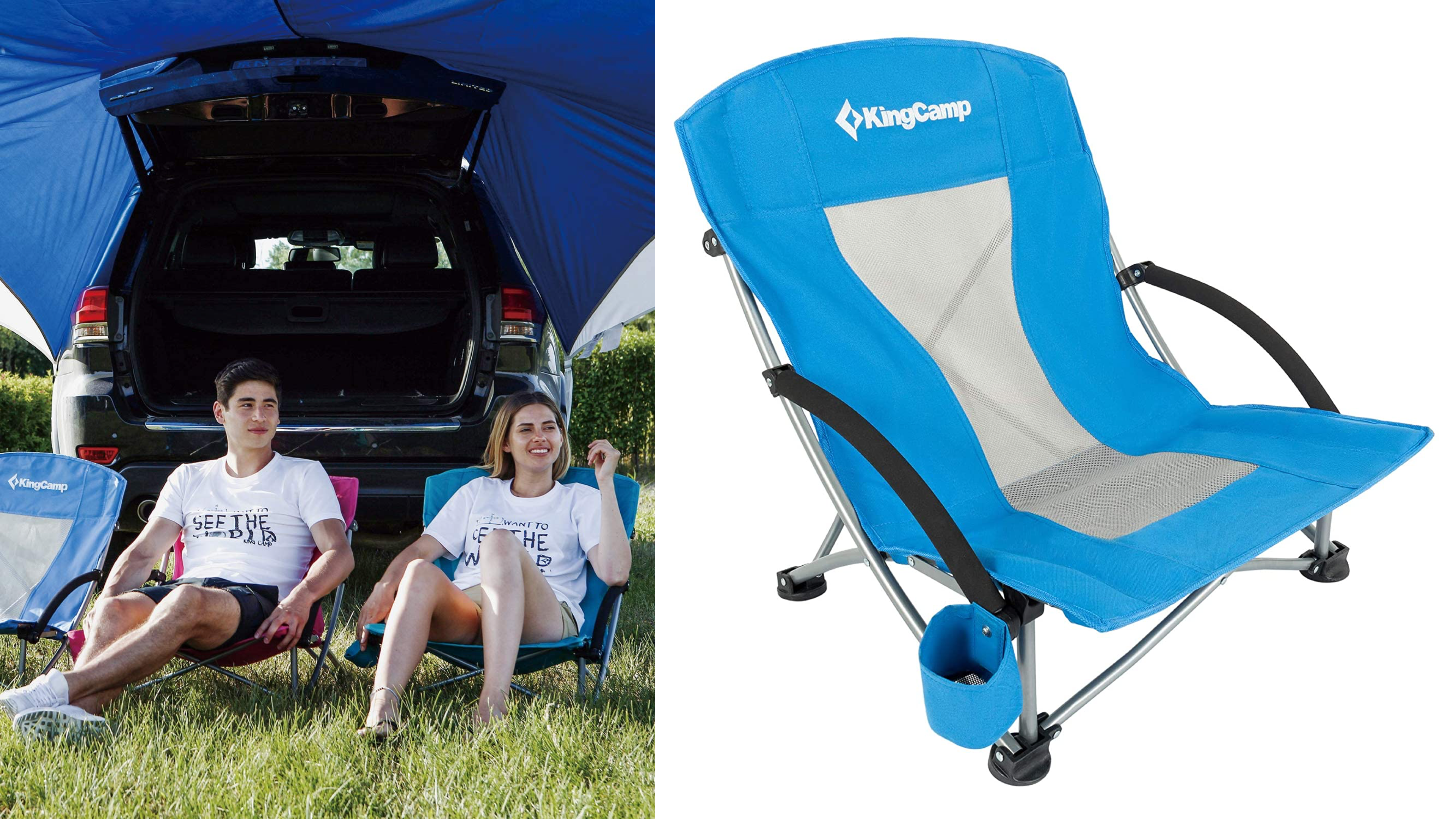 lightweight blue portable folding chair to bring to the park or beach