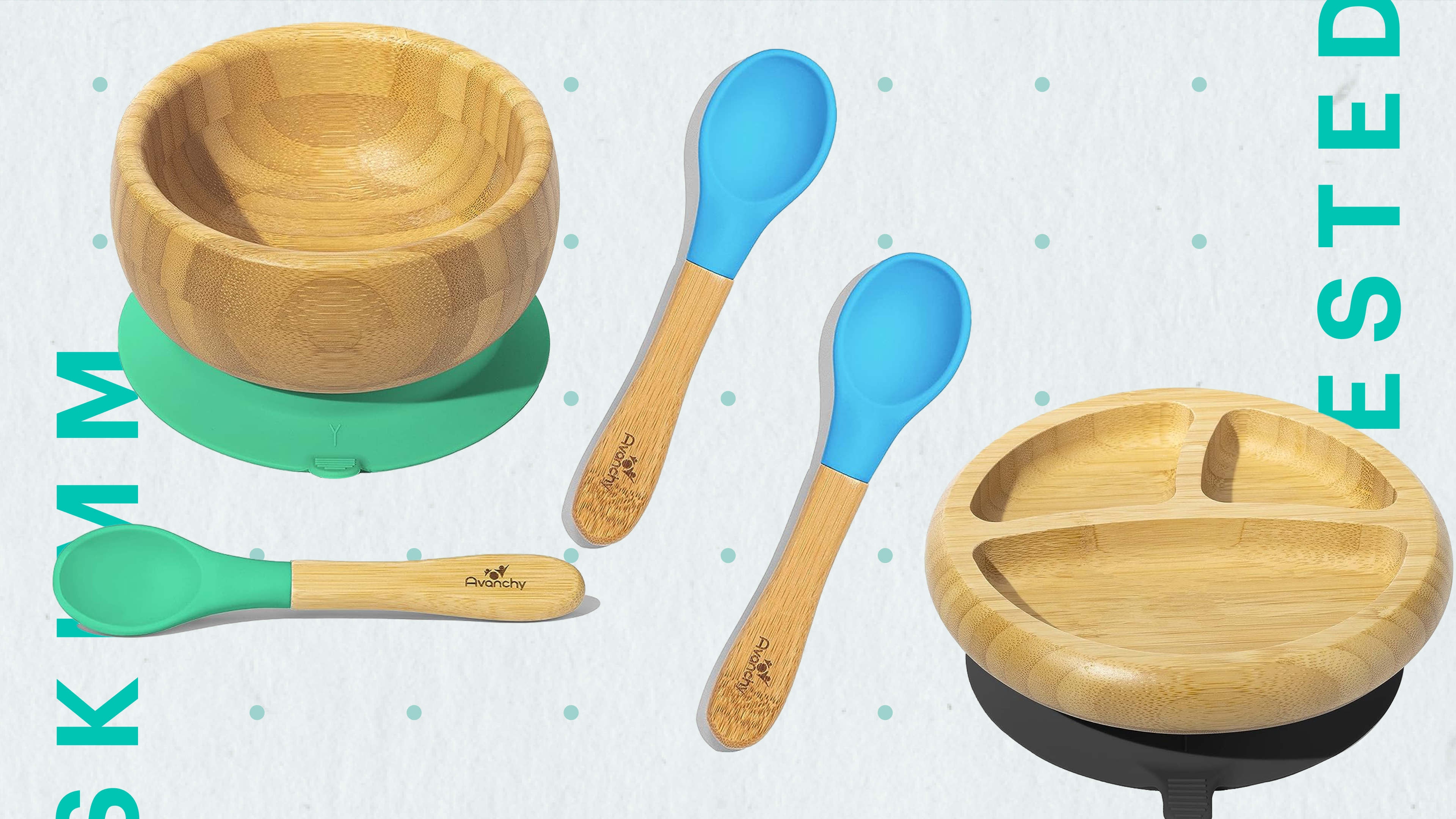 suction bamboo baby spoons, dishes, and plates