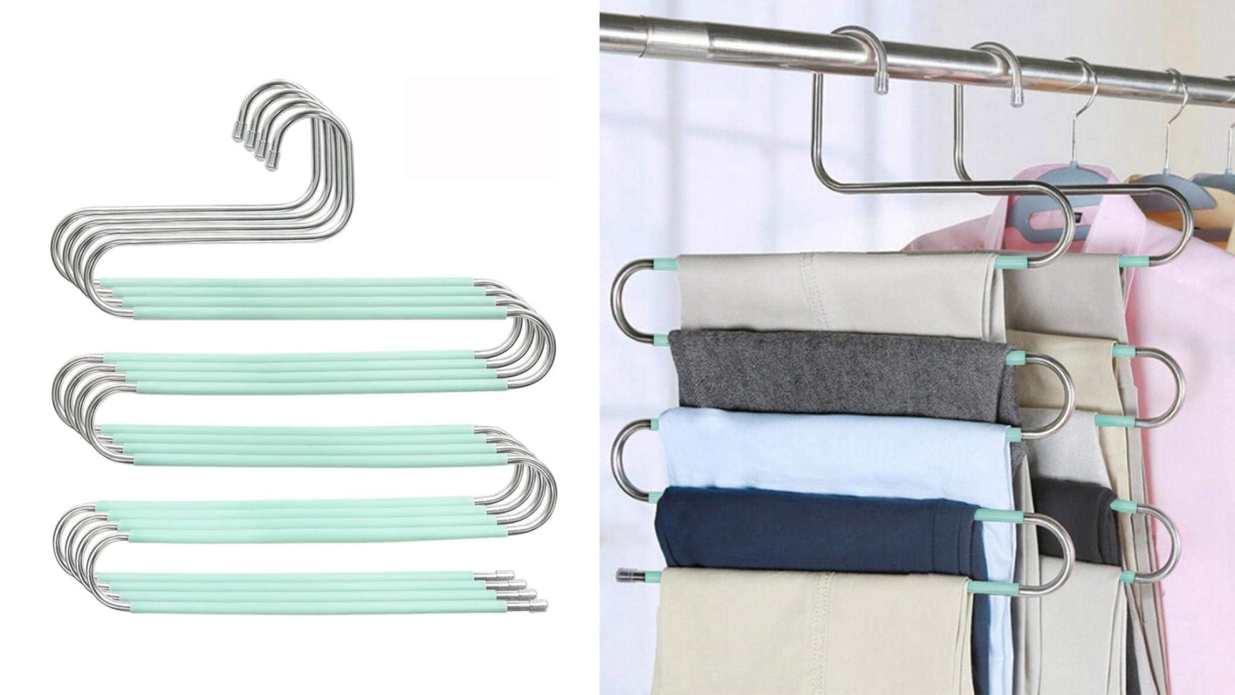 s-shaped hangers to gain more closet space