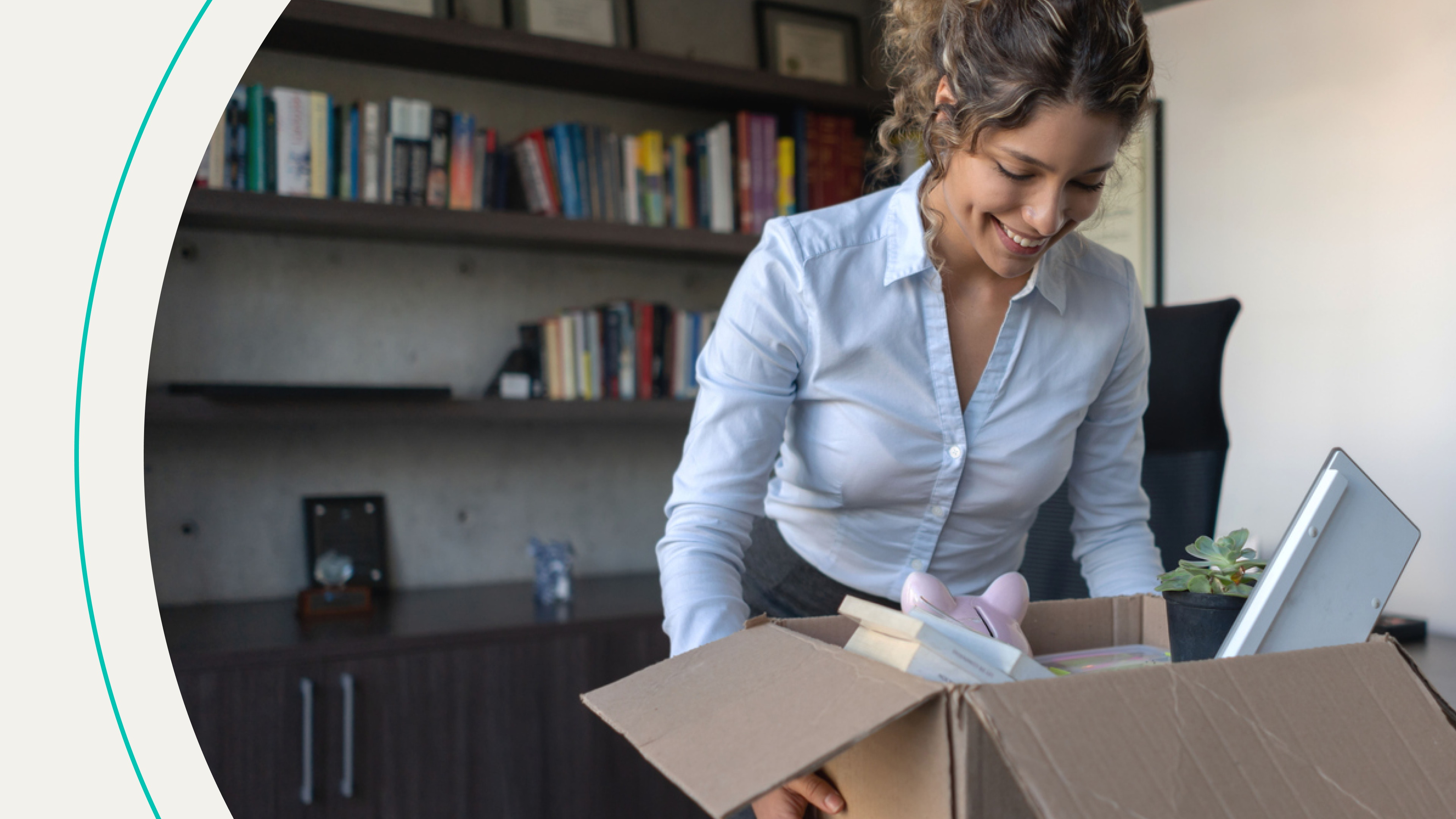 accessibility, woman happily lifting box of her belongings