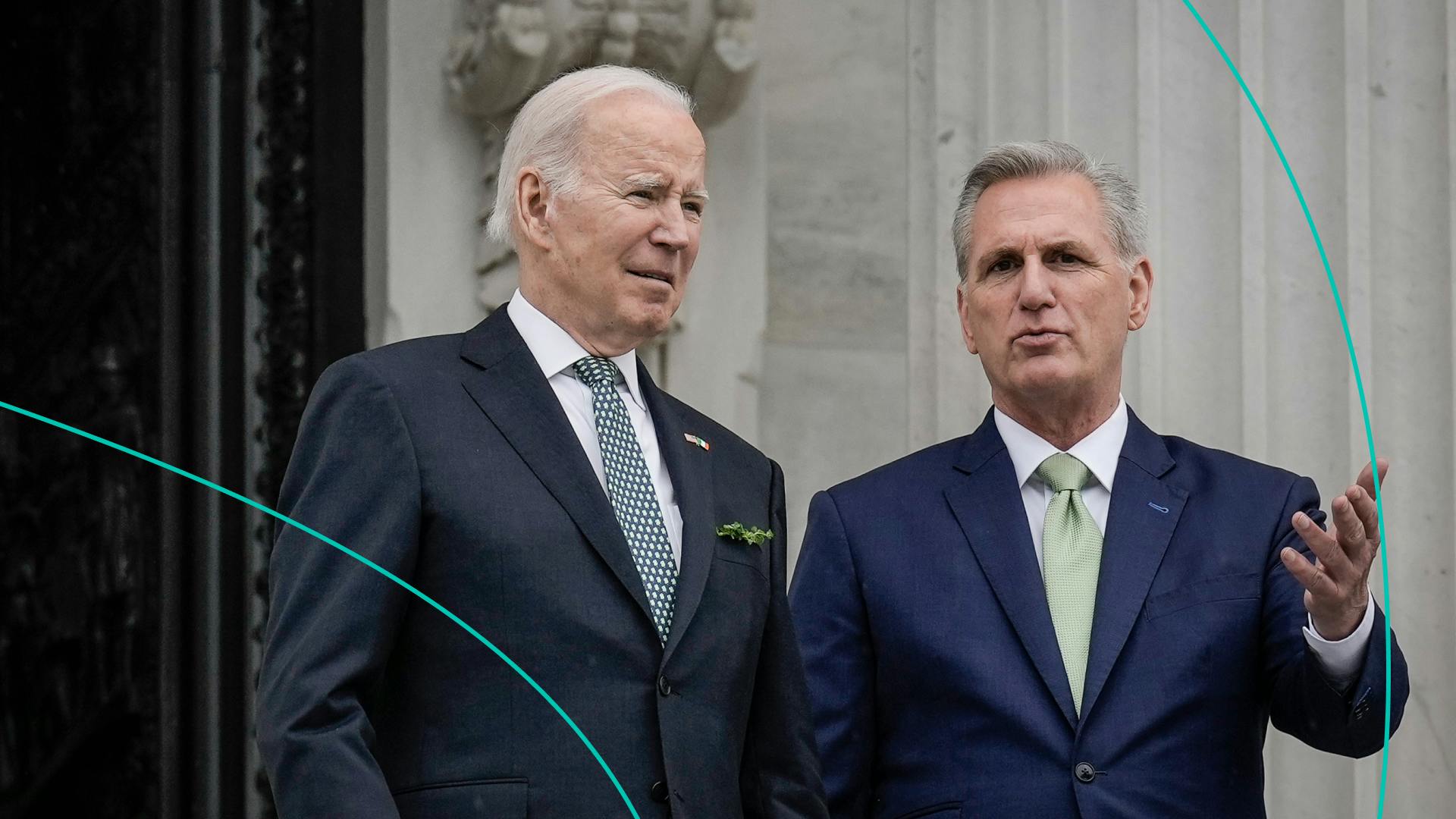 U.S. President Joe Biden and Speaker of the House Kevin McCarthy (R-CA) talk as they depart the U.S. Capitol f