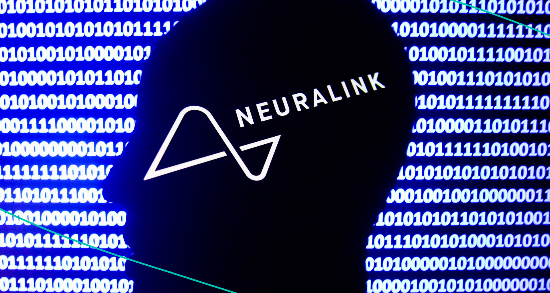 A graphic of Neuralink's logo with computer numbers in the background