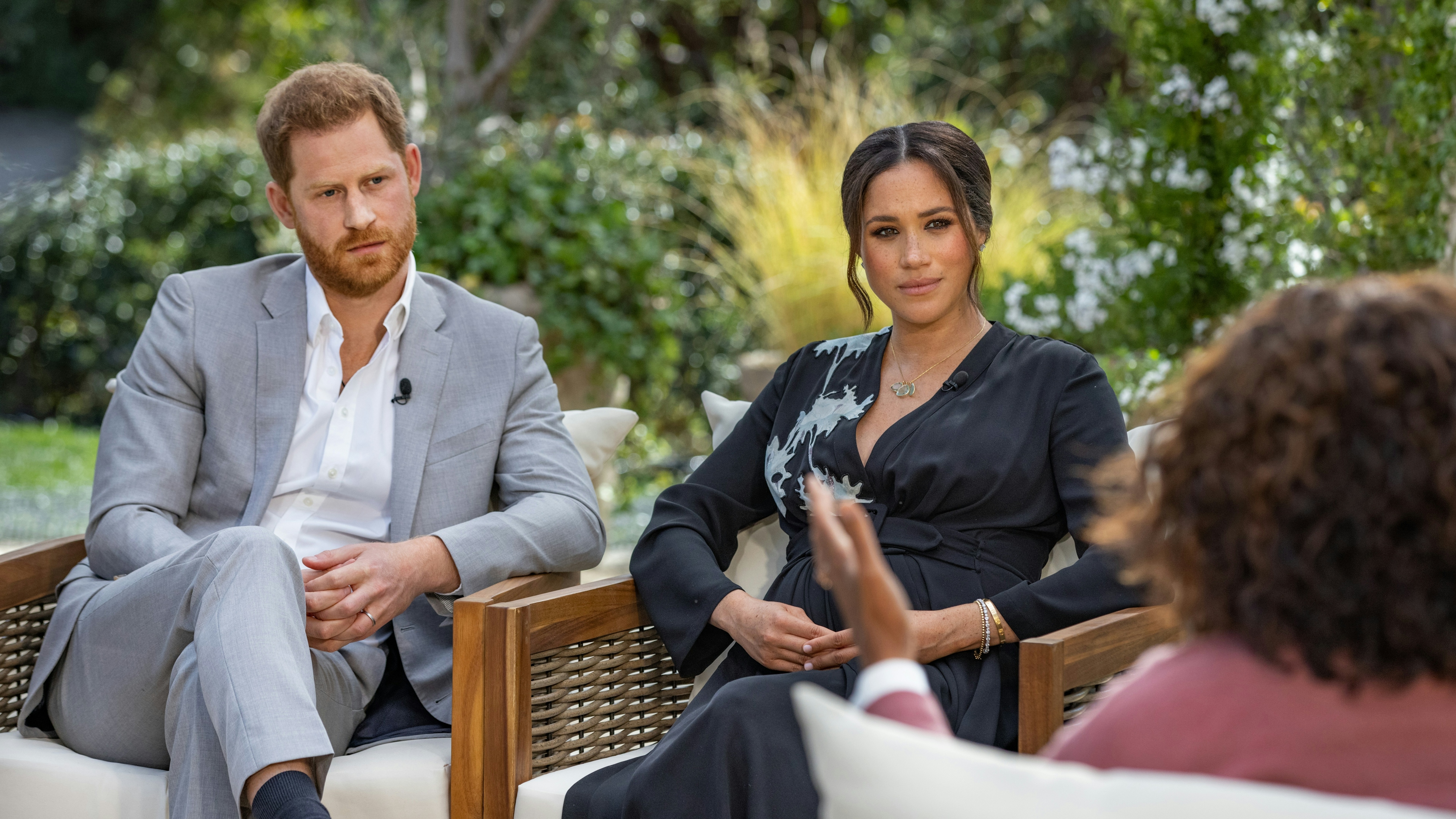 In this handout image provided by Harpo Productions and released on March 5, 2021, Oprah Winfrey interviews Prince Harry and Meghan Markle.
