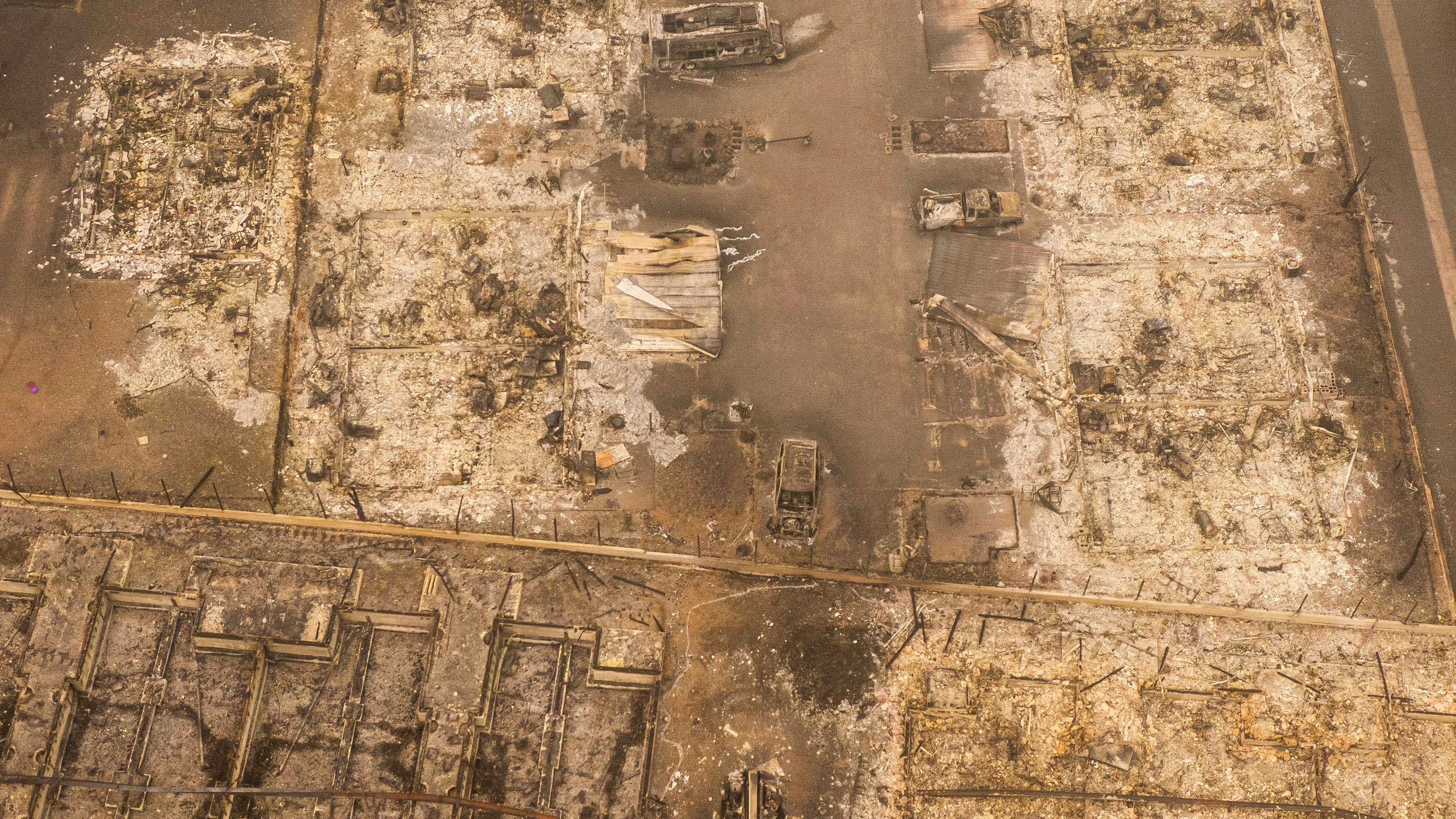 Structures destroyed by wildfire are seen in aerial drone photo on September 12, 2020 in Talent, Oregon