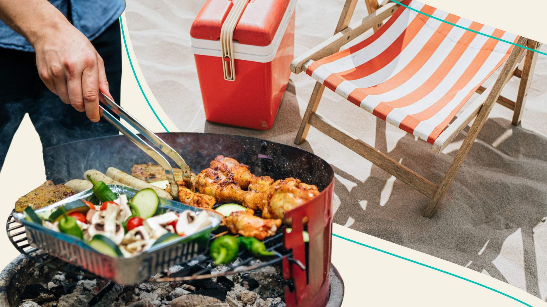 person grilling vegetables and meat next to chair and cooler set up on beach