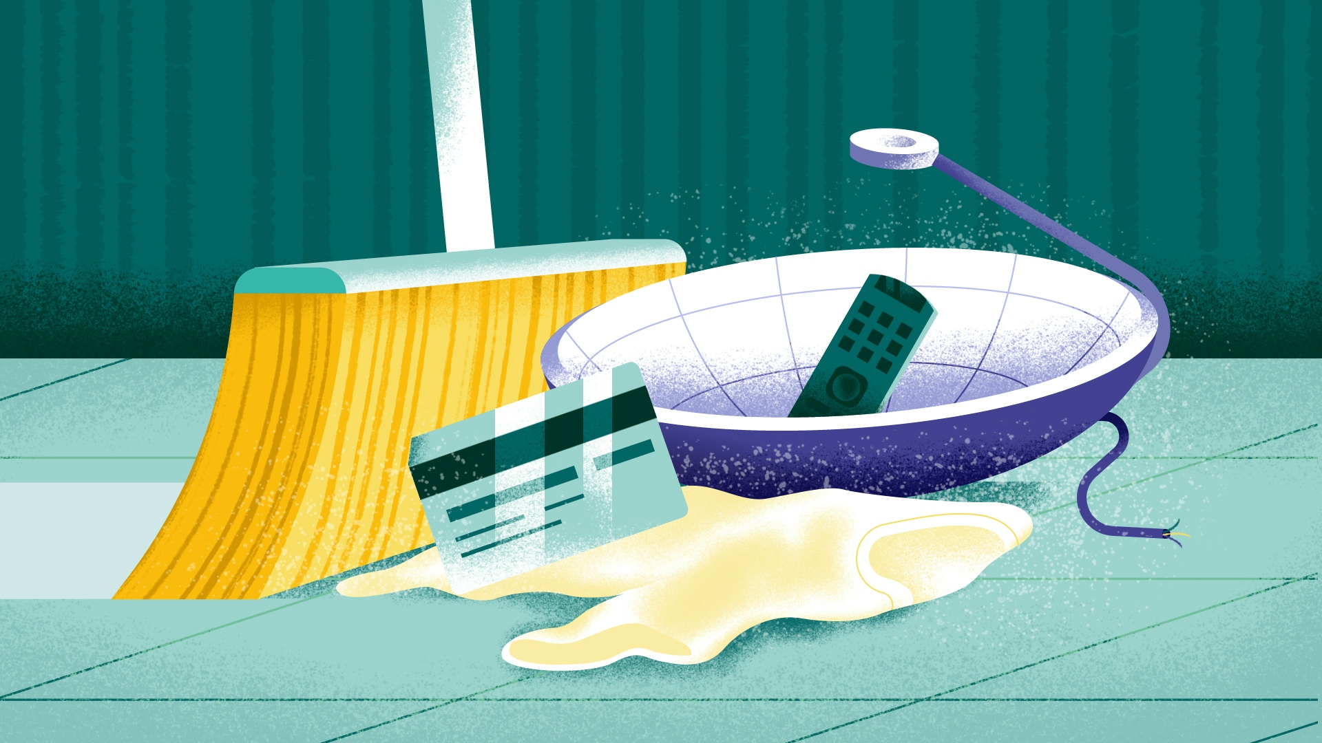 Broom sweeping credit card, old clothes, cable dish and remote 