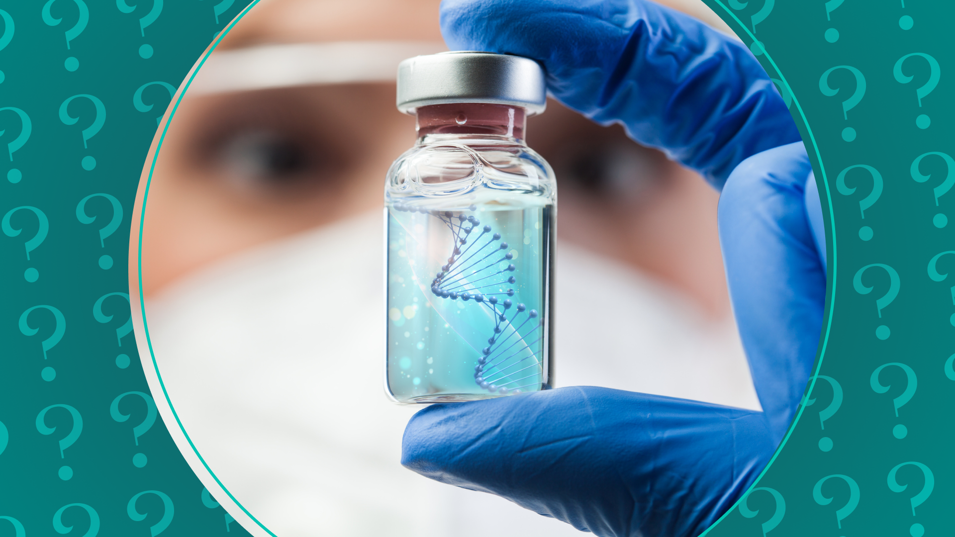 A medical professional holding a small vile of fluid containing the DNA structure