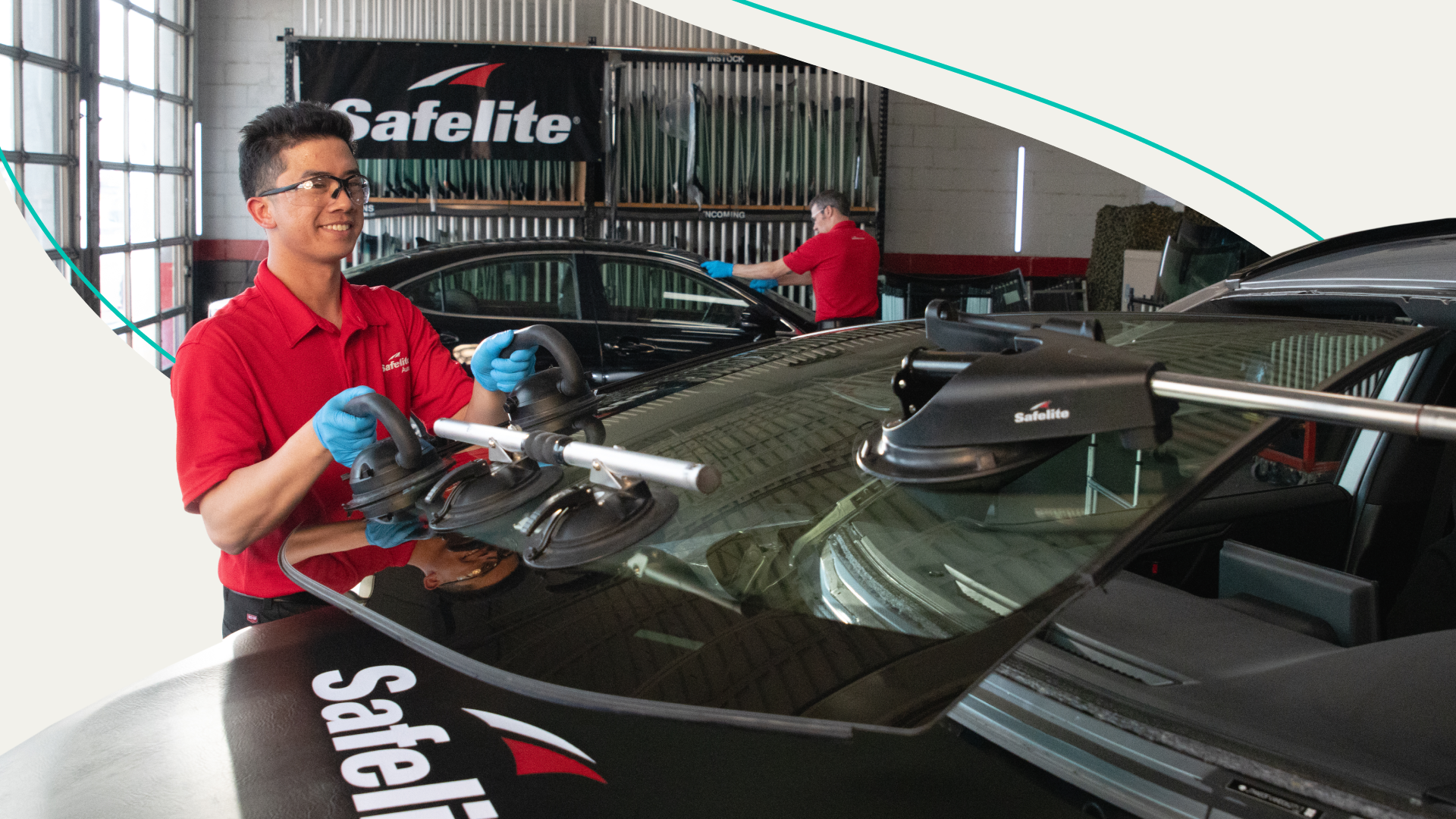 Safelite worker repairing a car windshield 