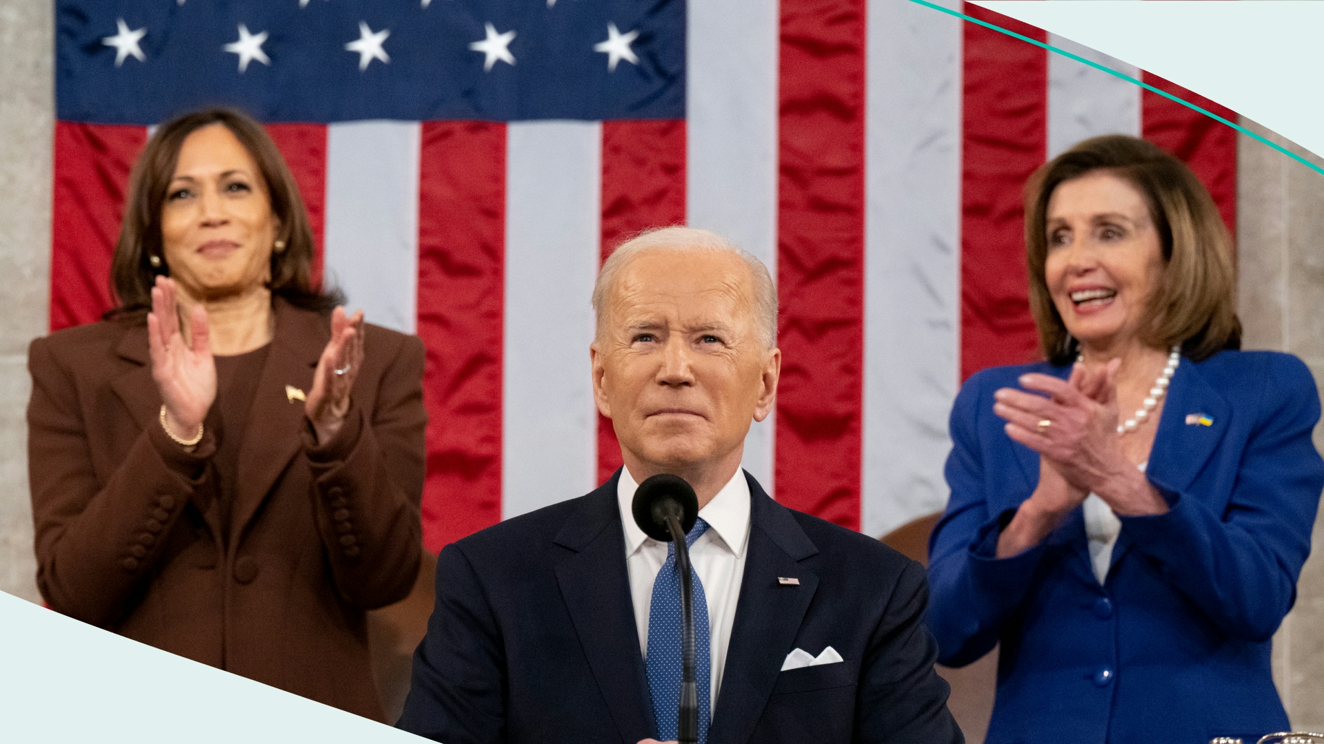US President Joe Biden arrives to deliver the State of the Union address as U.S. Vice President Kamala Harris (L) and House Speaker Nancy Pelosi (D-CA) look on during a joint session of Congress in the U.S. Capitol House Chamber