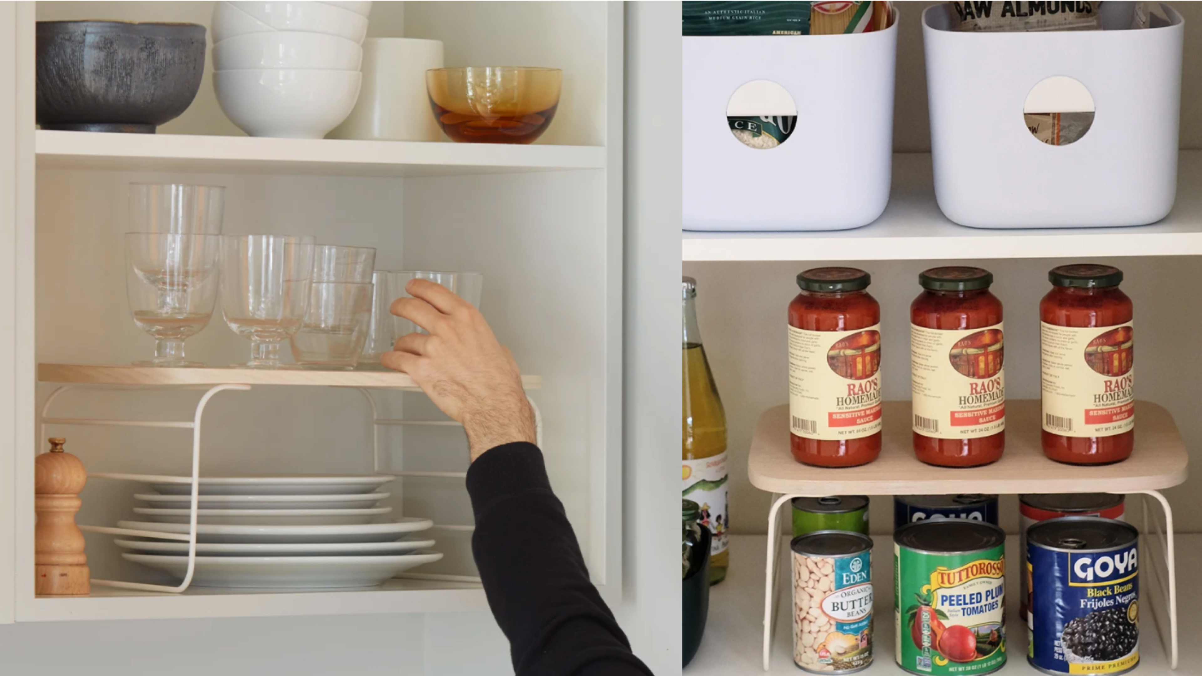 shelf risers for an added lift inside cabinets or pantries