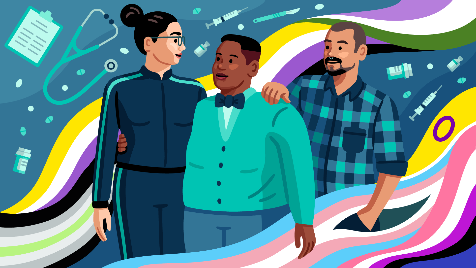 An illustration with nonbinary and trans flags, and people who identify as LGBTQ+.