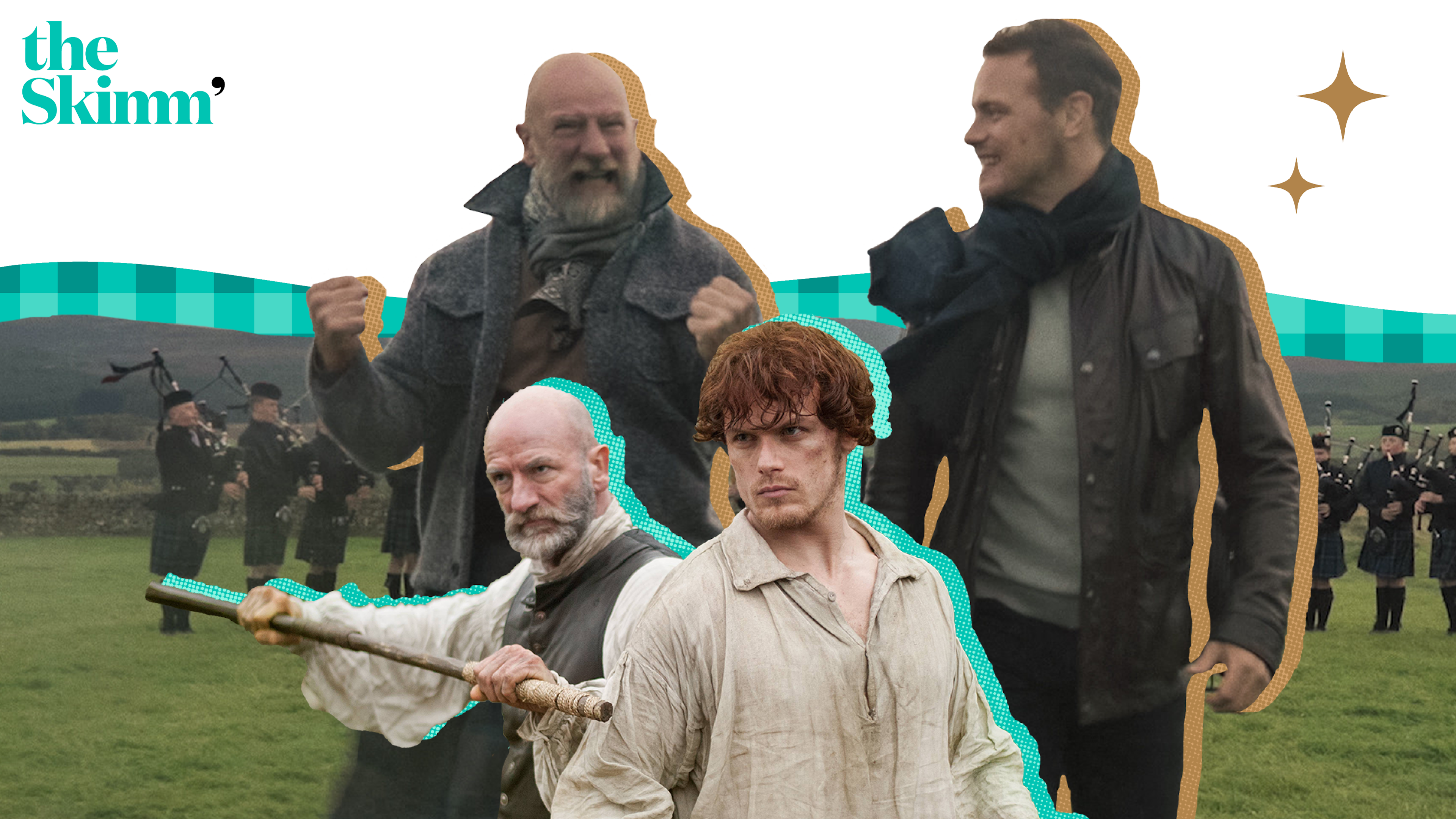 Treated photo of "Men in Kilts" hosts and "Outlander" characters in Scotland 