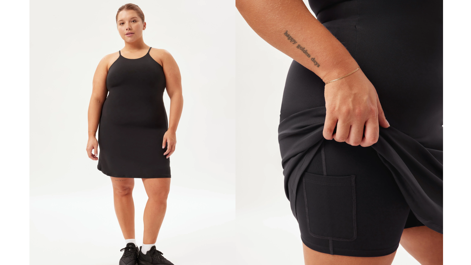 girlfriend collective exercise dress with built-in shorts and adjustable straps