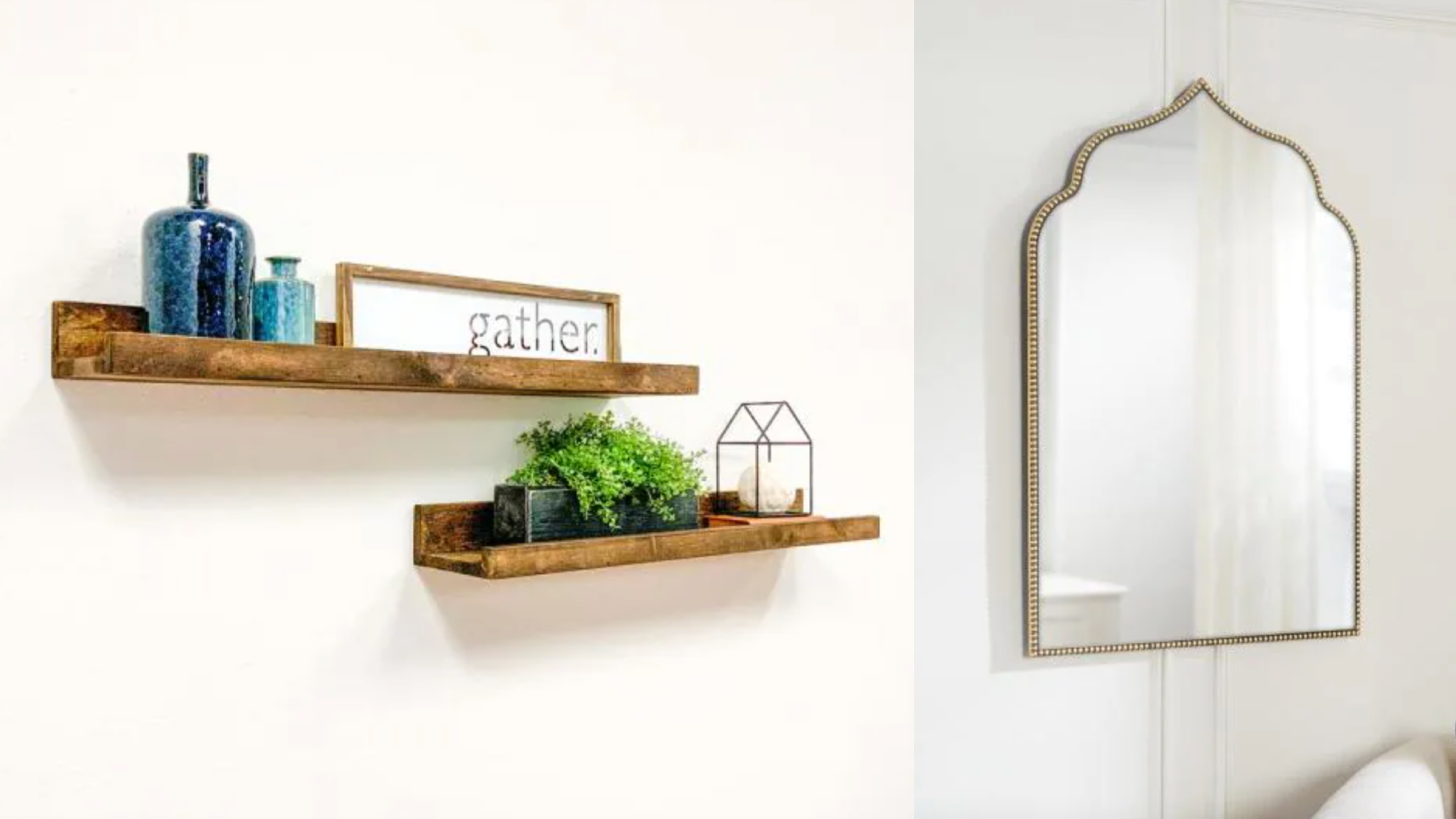 Home Depot wood shelves and arched mirror