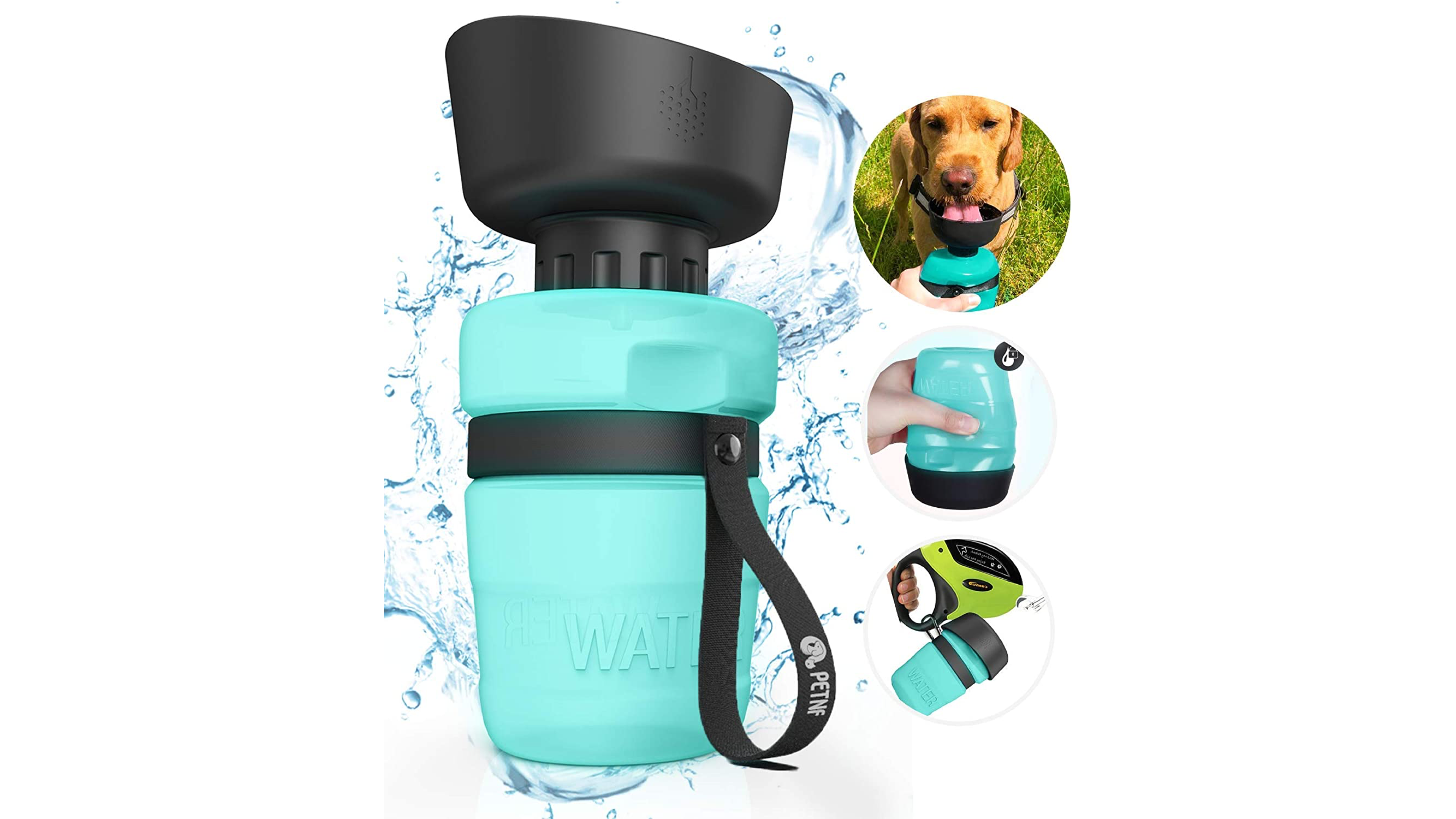 Blue Water bottle with Golden Retriever drinking out of it 