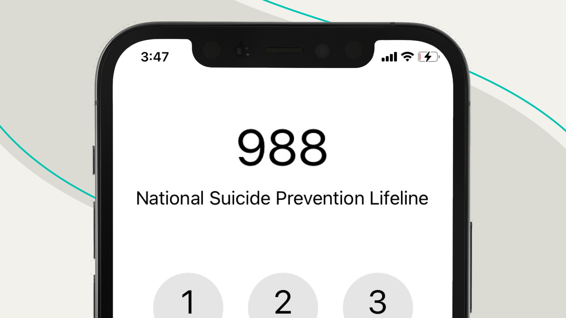 A phone screen shows the new number for the National Suicide Prevention Lifeline, 988.