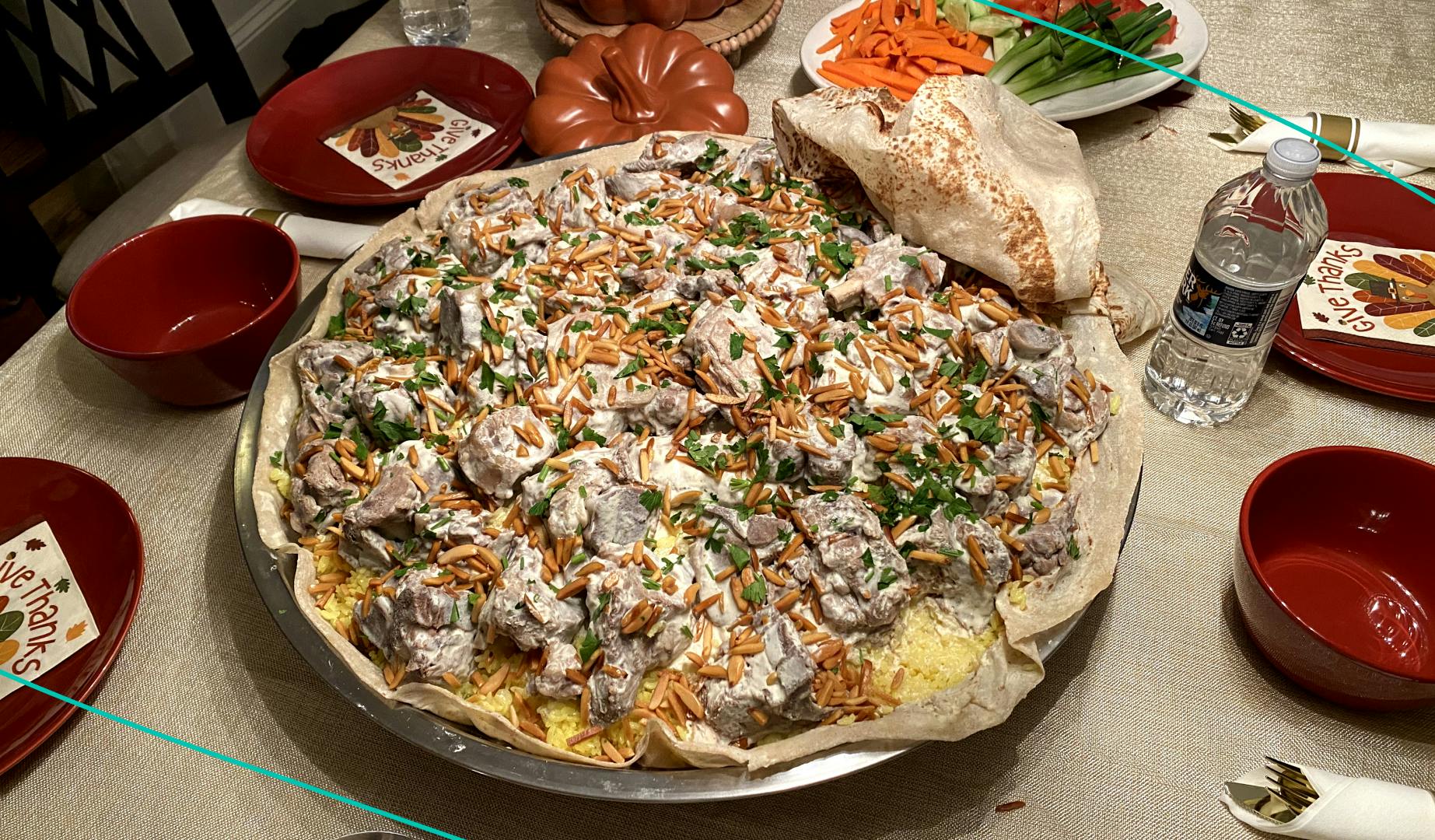 Mansaf is a dish with lamb chunks, rice, and a tart yogurt. 